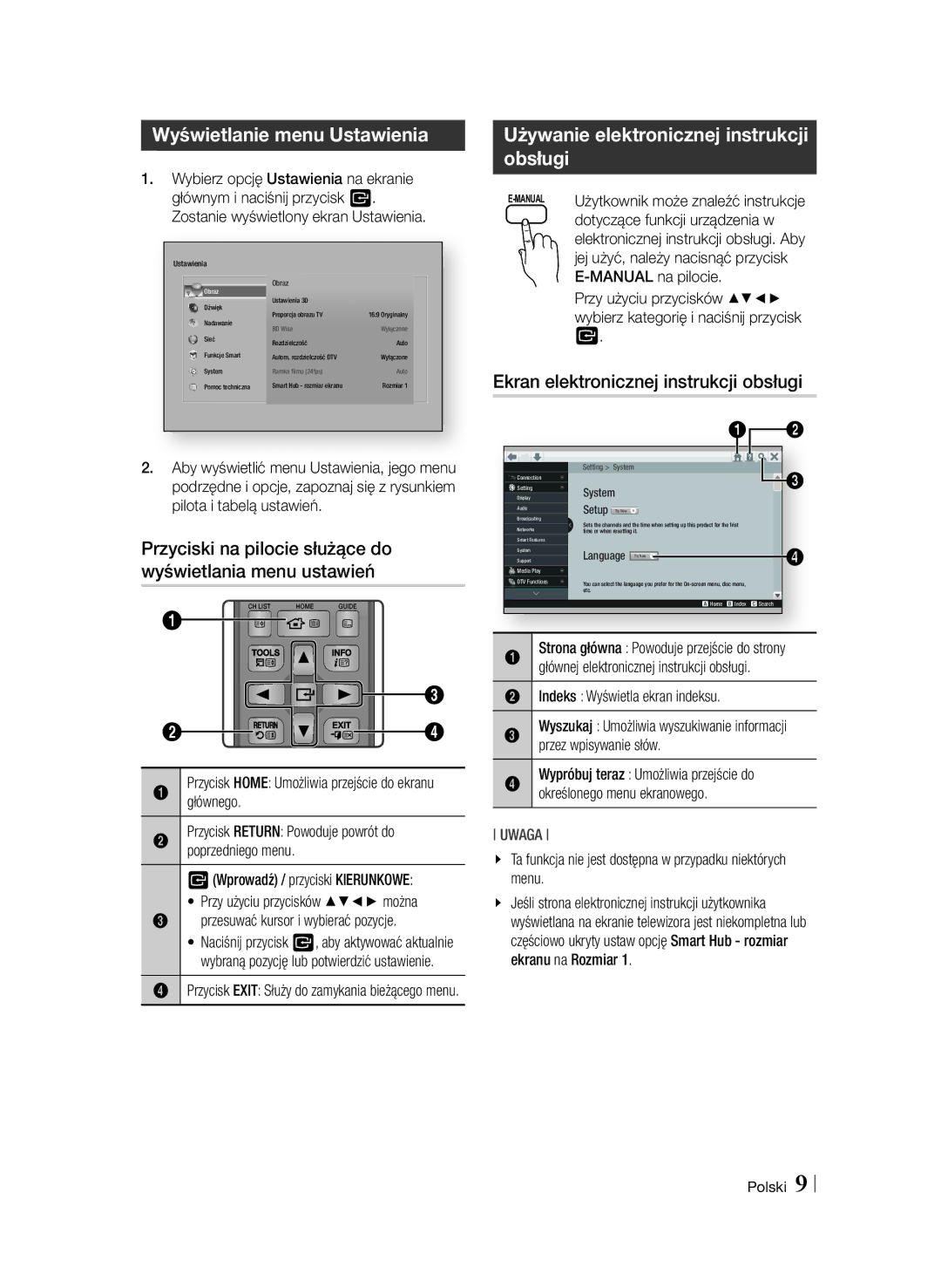 Samsung BD-F6900/EN manual Wyświetlanie menu Ustawienia, Używanie elektronicznej instrukcji obsługi 