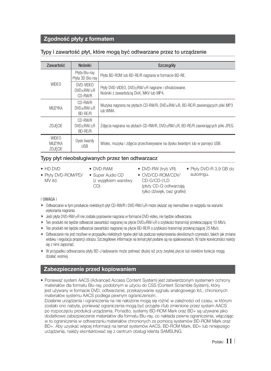 Samsung BD-F6900/EN manual Zgodność płyty z formatem, Typy płyt nieobsługiwanych przez ten odtwarzacz 