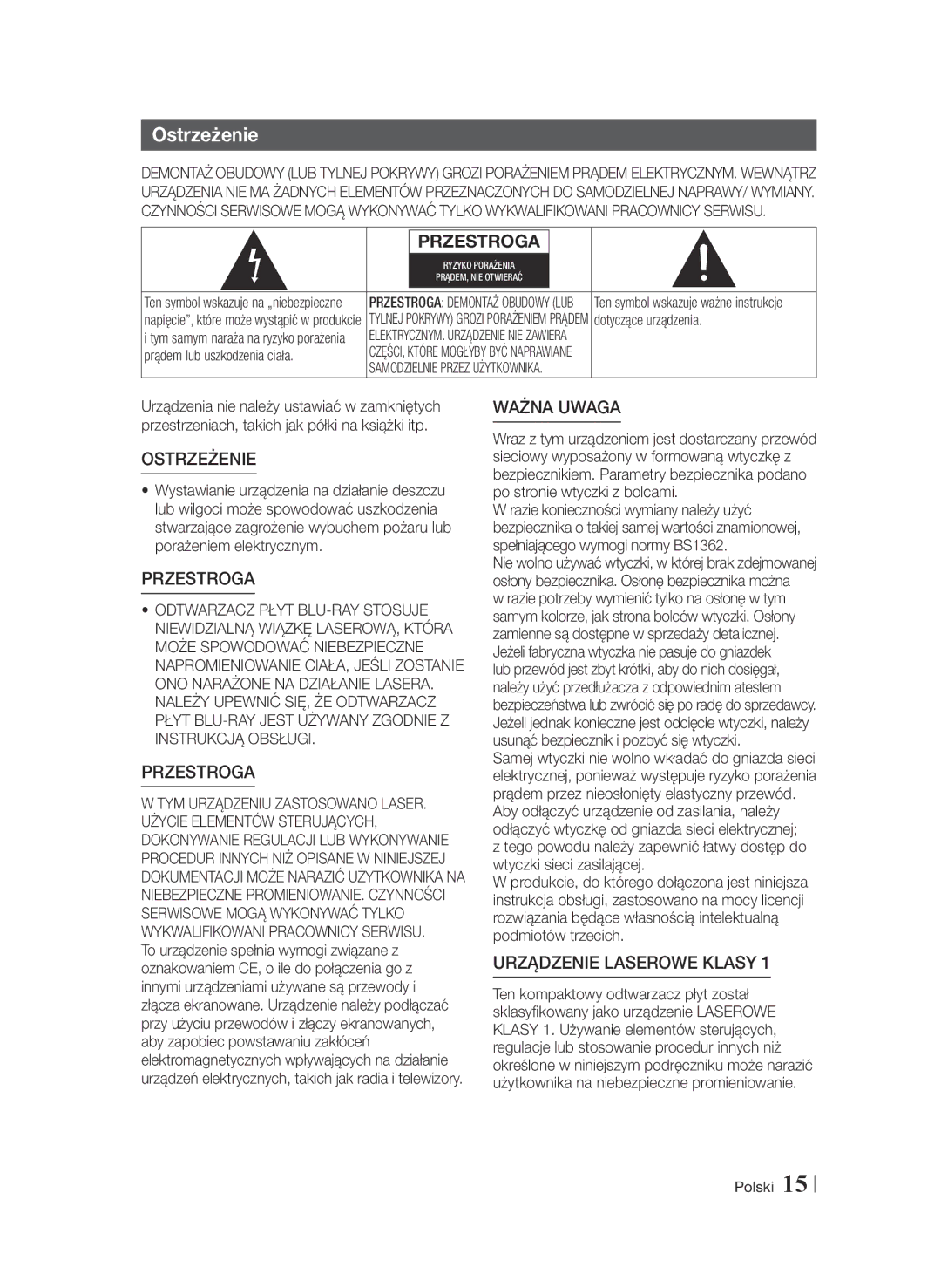 Samsung BD-F6900/EN manual Ostrzeżenie, Przestroga 