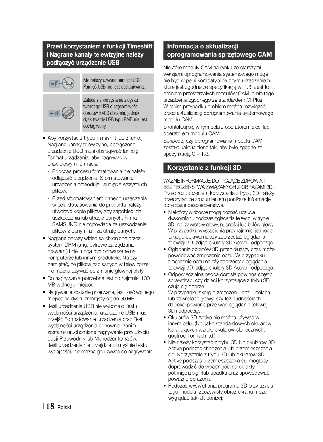 Samsung BD-F6900/EN manual Korzystanie z funkcji 3D, Pamięć USB nie jest obsługiwana 