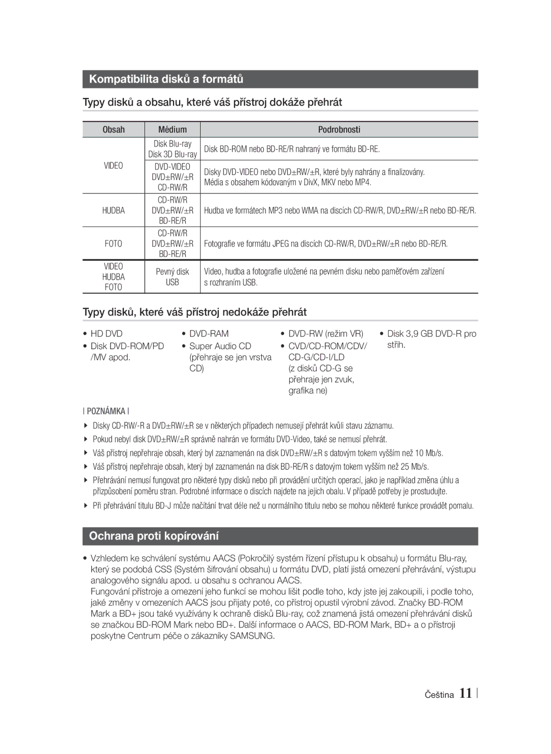 Samsung BD-F6900/EN manual Kompatibilita disků a formátů, Typy disků a obsahu, které váš přístroj dokáže přehrát 