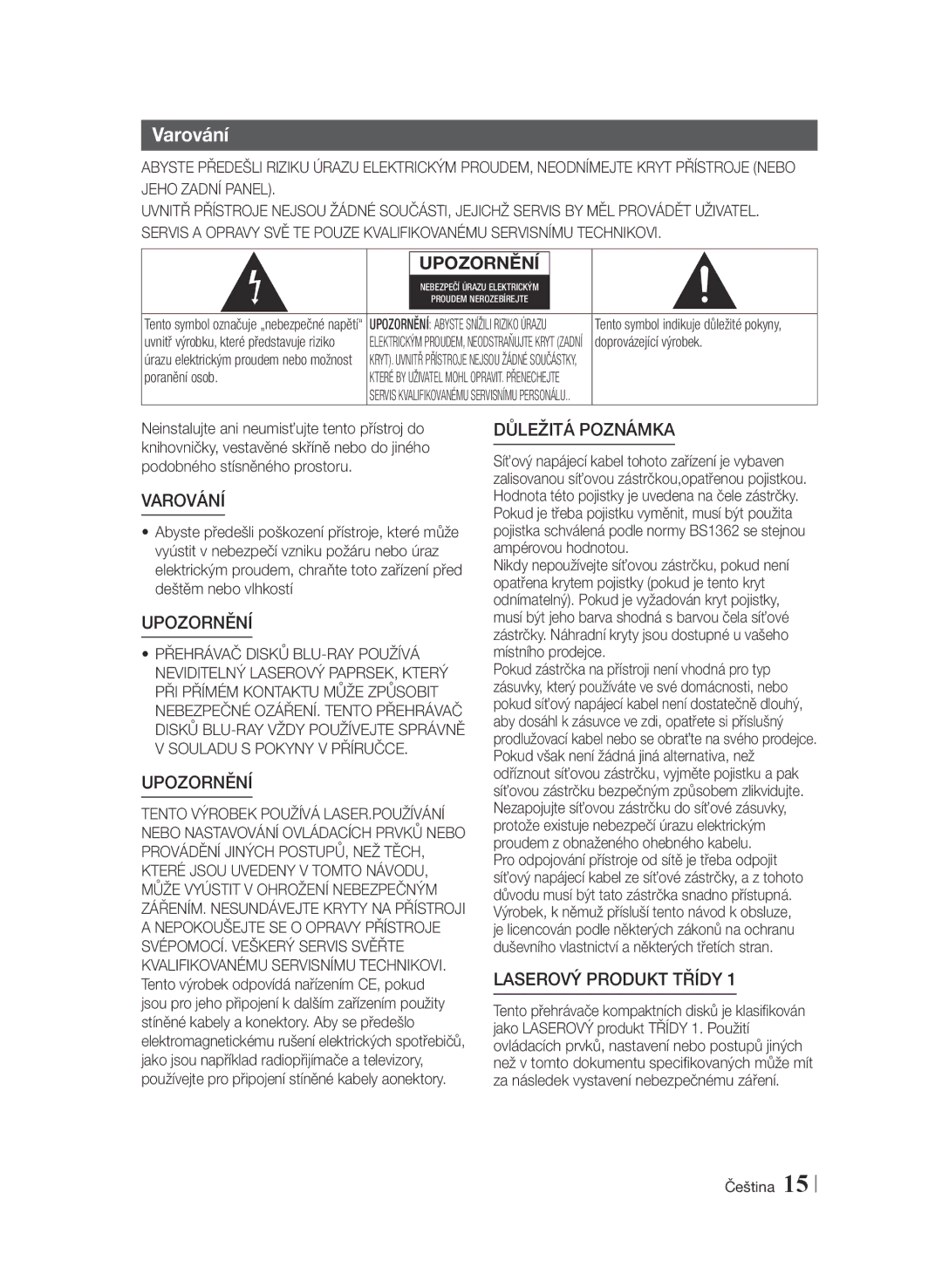 Samsung BD-F6900/EN manual Varování, Upozornění 