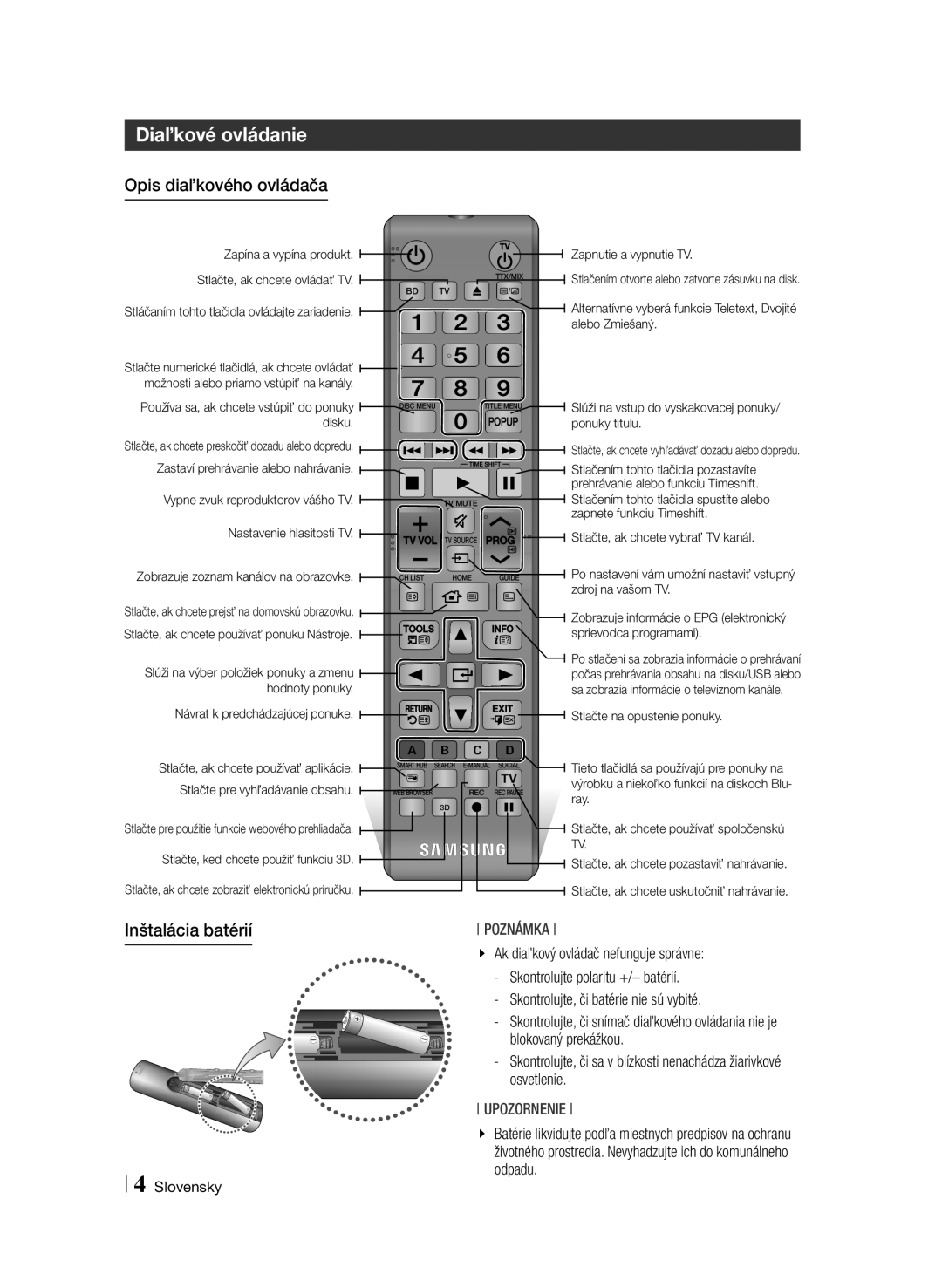 Samsung BD-F6900/EN manual Diaľkové ovládanie, Opis diaľkového ovládača, Inštalácia batérií 