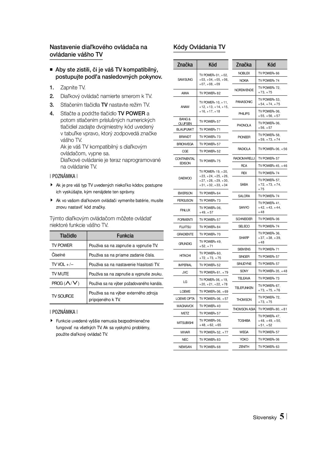 Samsung BD-F6900/EN manual Nastavenie diaľkového ovládača na ovládanie vášho TV, Kódy Ovládania TV, Tlačidlo 