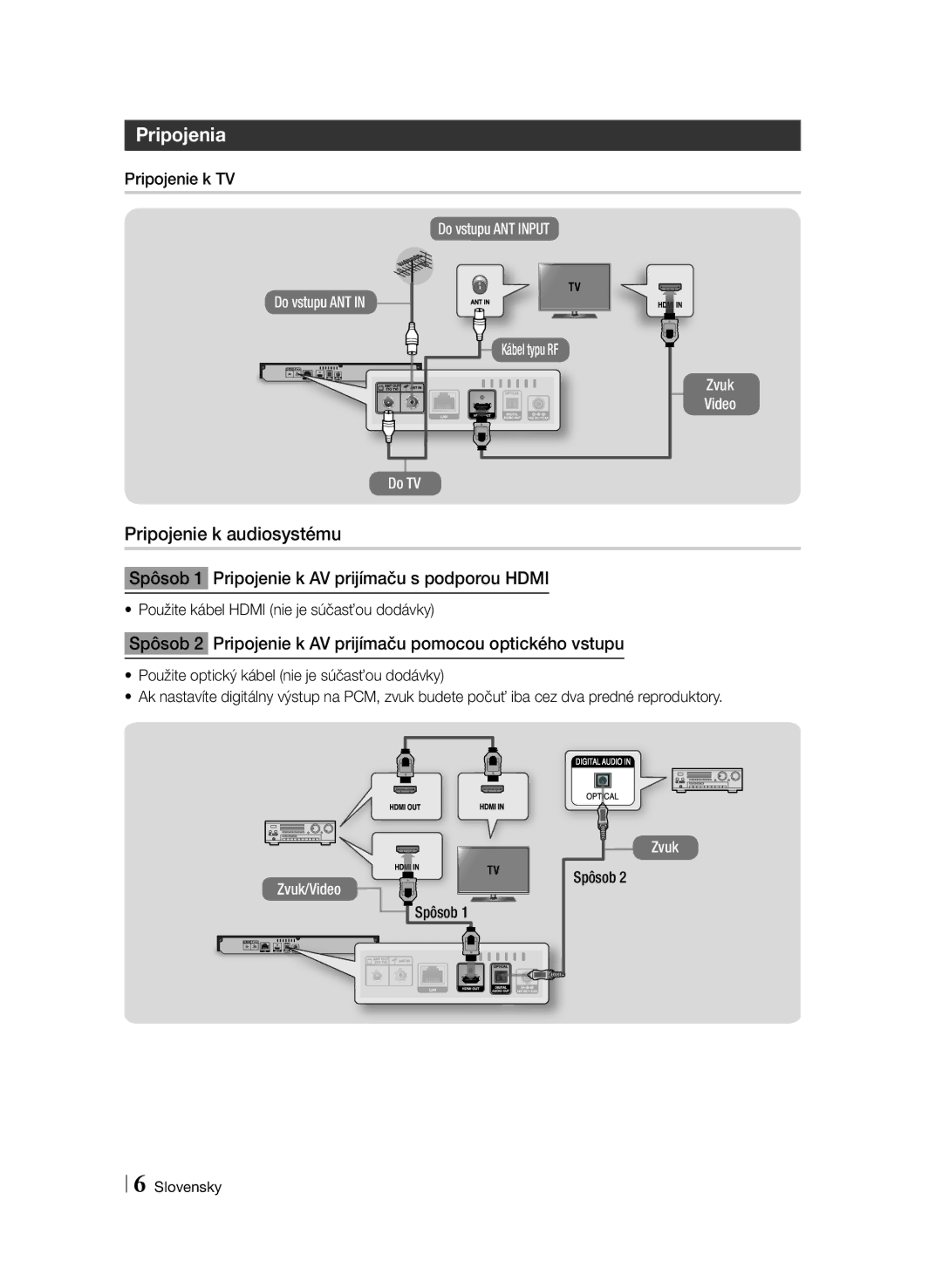 Samsung BD-F6900/EN manual Pripojenia, Pripojenie k audiosystému, Spôsob 1 Pripojenie k AV prijímaču s podporou Hdmi 