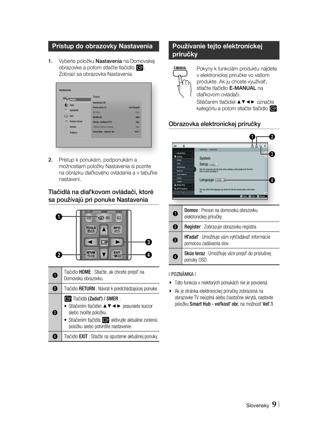 Samsung BD-F6900/EN manual Prístup do obrazovky Nastavenia, Používanie tejto elektronickej príručky 