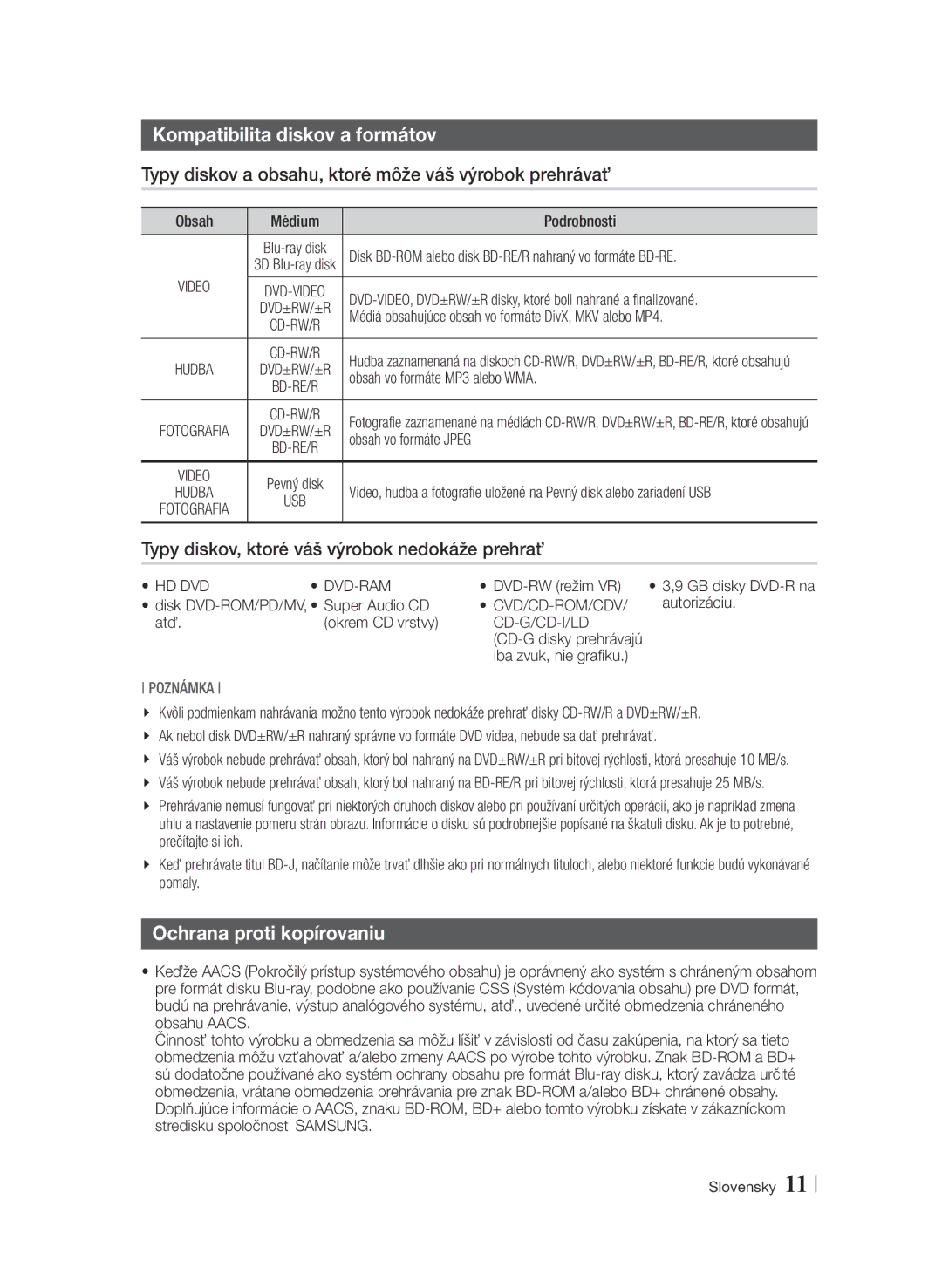 Samsung BD-F6900/EN manual Kompatibilita diskov a formátov, Typy diskov a obsahu, ktoré môže váš výrobok prehrávať 