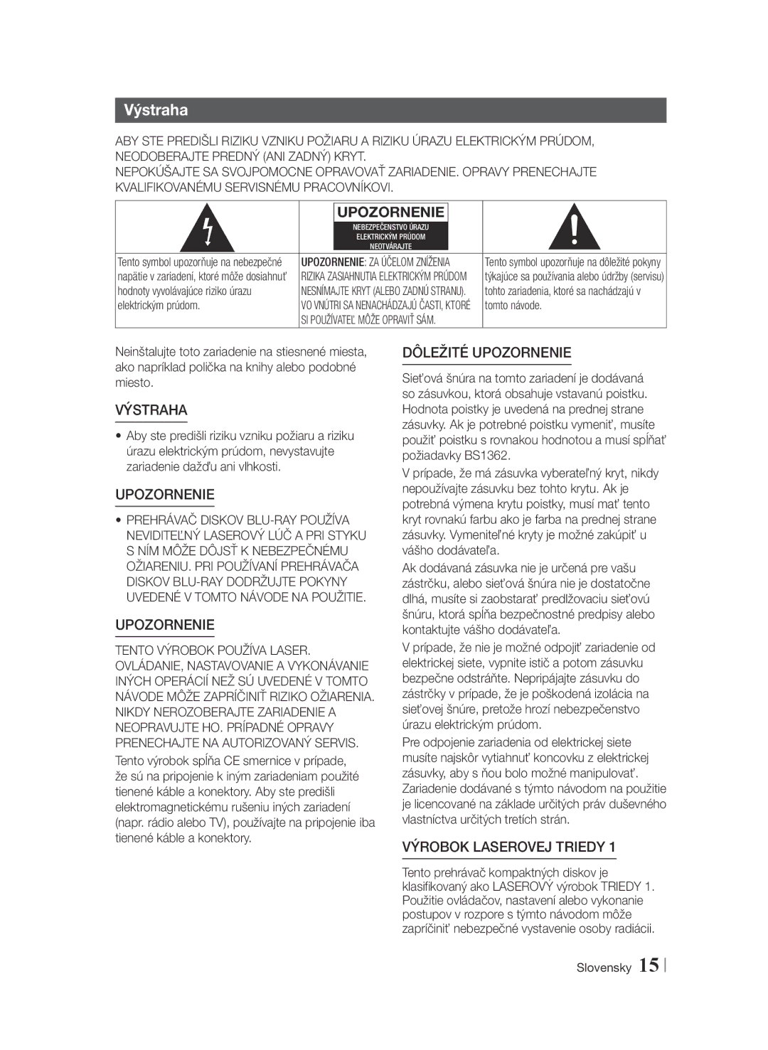 Samsung BD-F6900/EN manual Výstraha, Upozornenie 