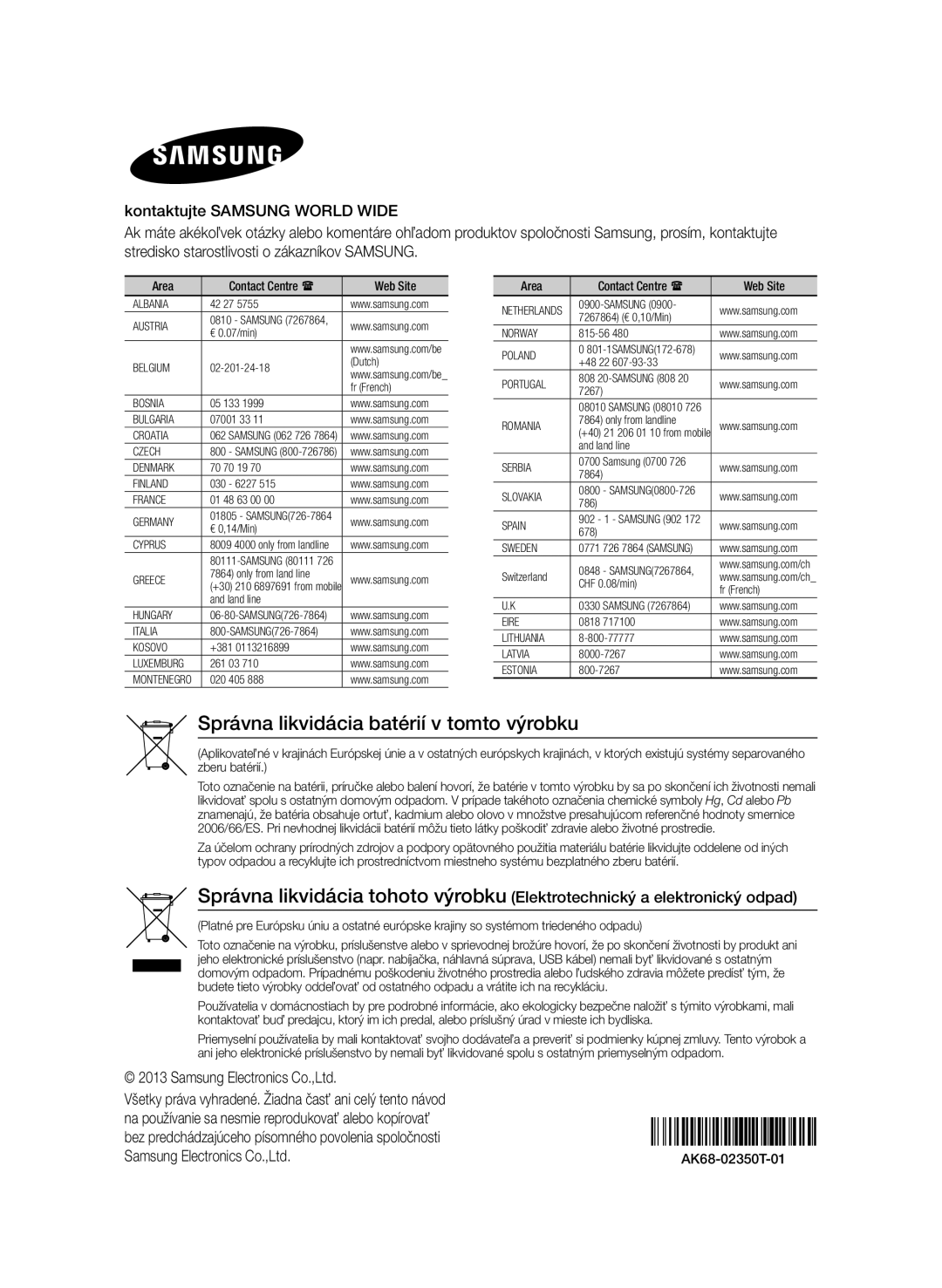 Samsung BD-F6900/EN manual Správna likvidácia batérií v tomto výrobku 