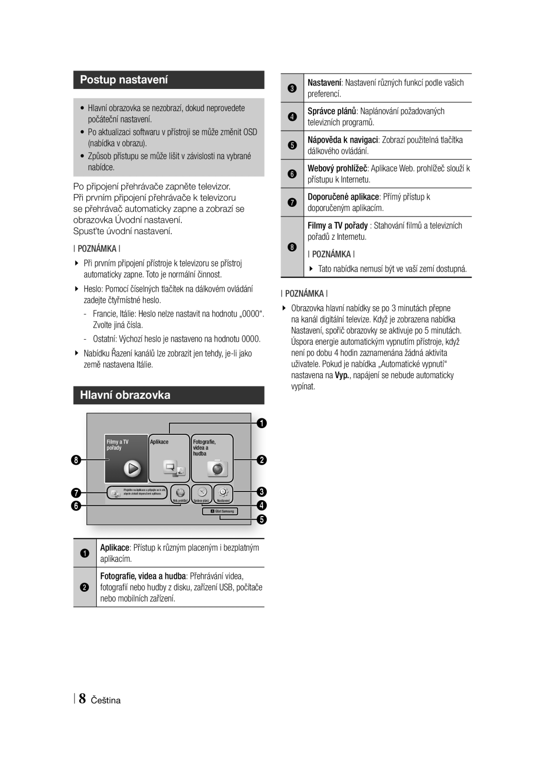 Samsung BD-F6900/EN manual Postup nastavení, Hlavní obrazovka 