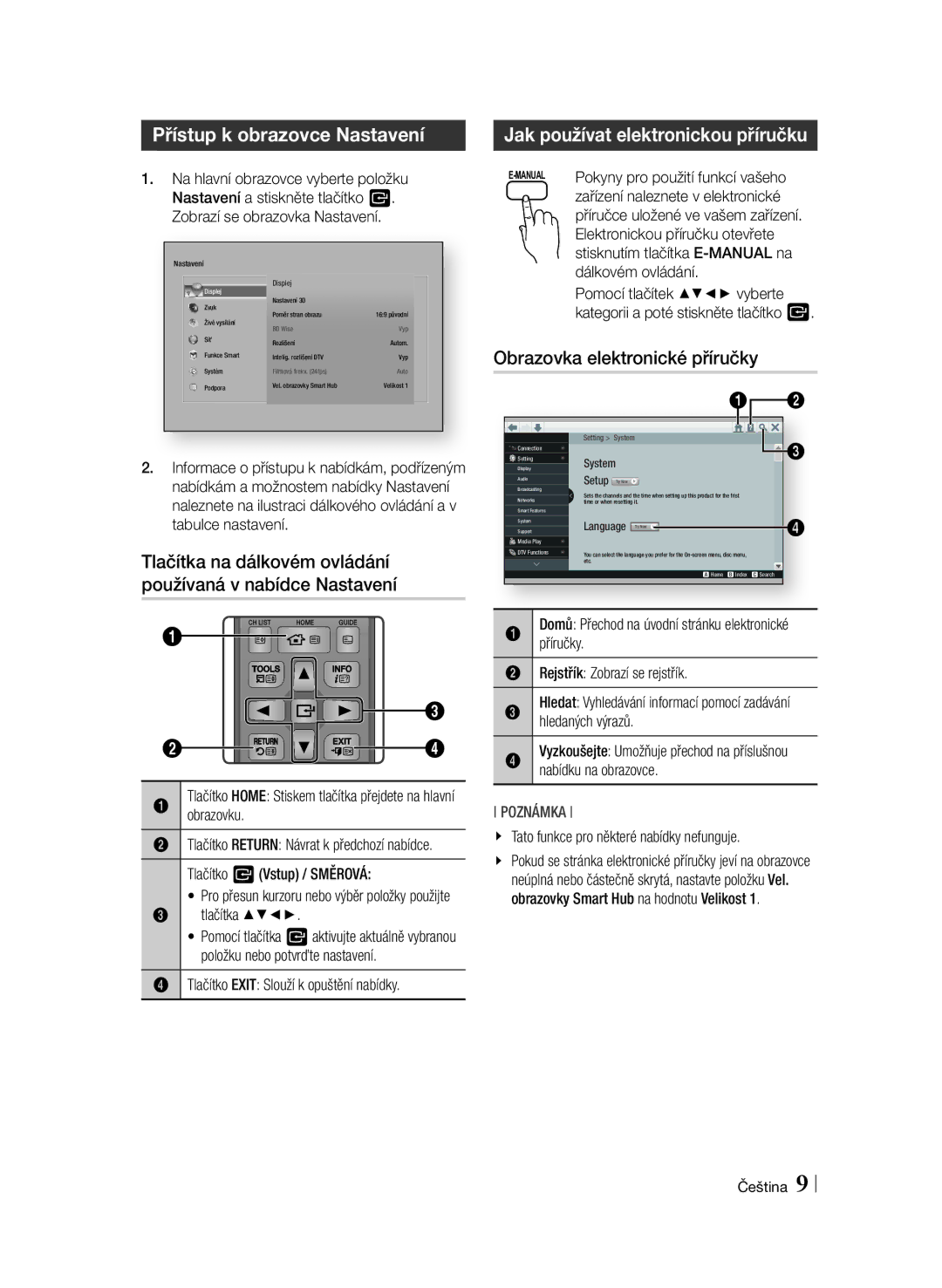 Samsung BD-F6900/EN manual Přístup k obrazovce Nastavení, Tlačítka na dálkovém ovládání používaná v nabídce Nastavení 