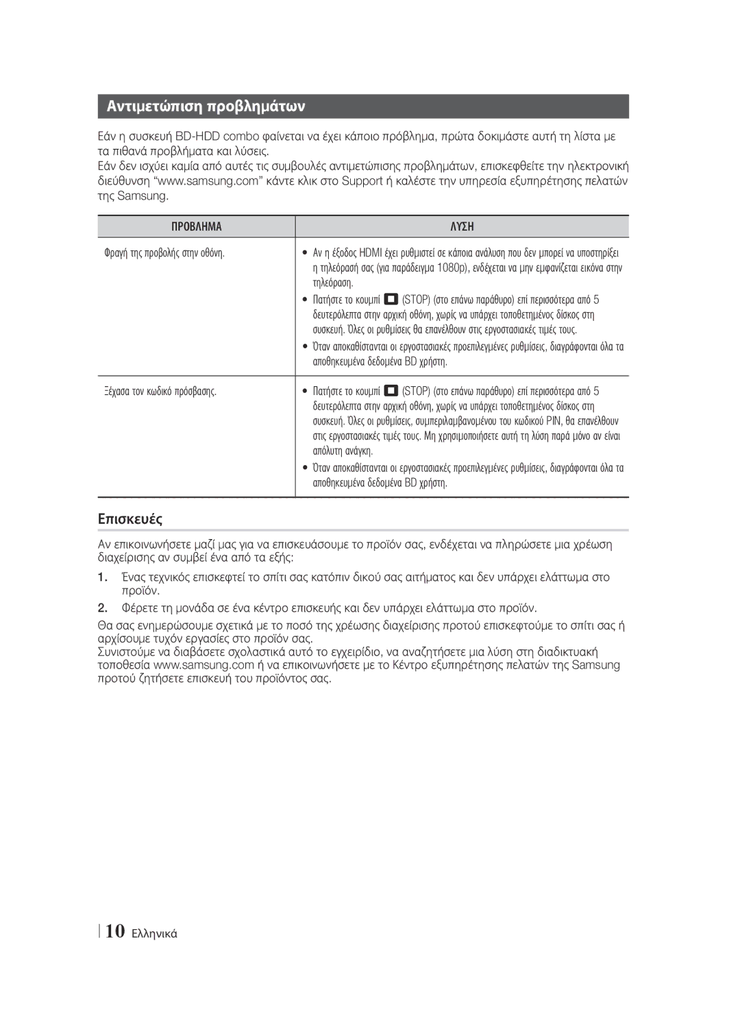 Samsung BD-F6900/EN manual Αντιμετώπιση προβλημάτων, Επισκευές, Προβλημα Λυση 