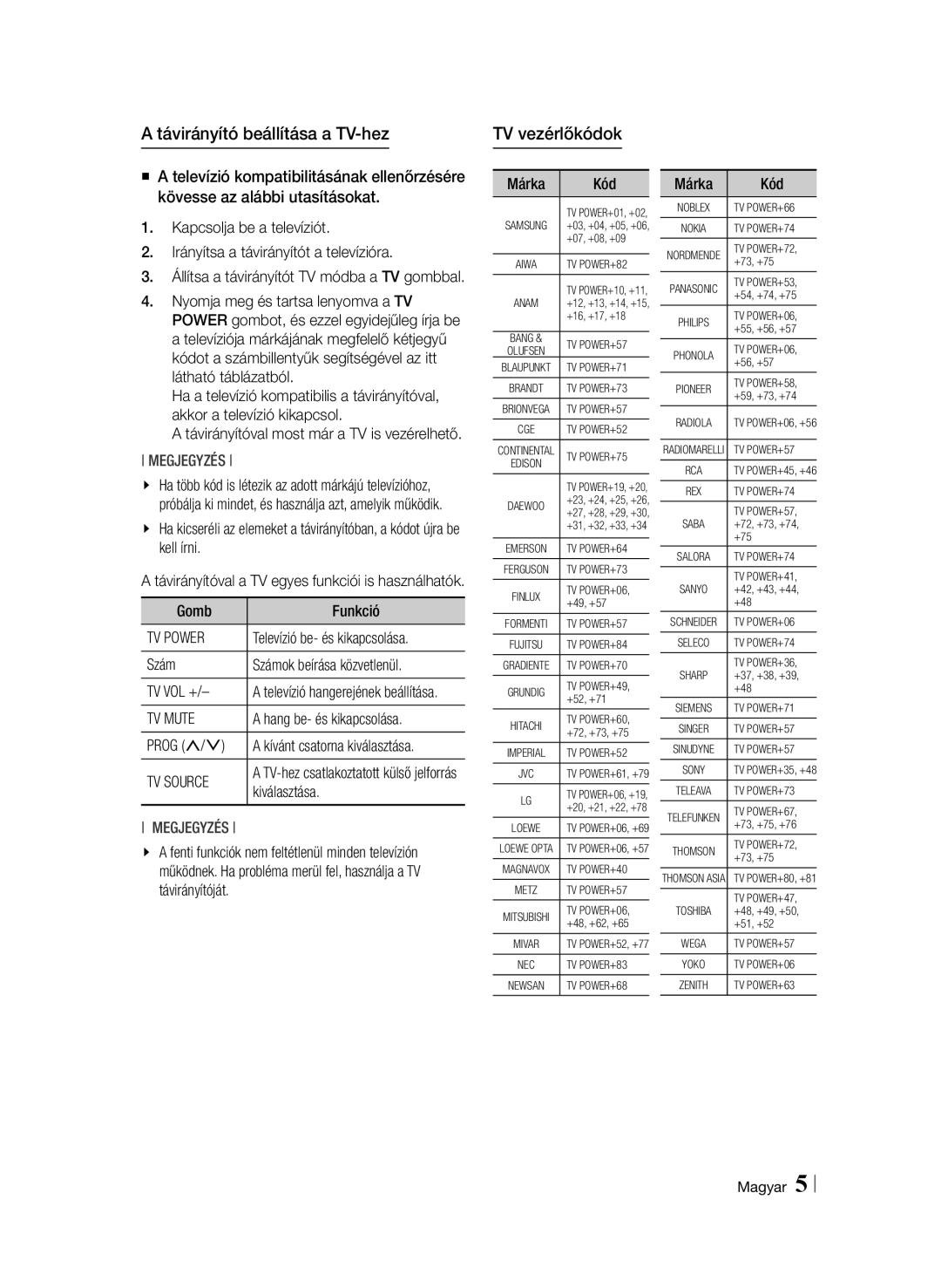 Samsung BD-F6900/EN manual Távirányító beállítása a TV-hez, TV vezérlőkódok, TV Power, TV Mute, TV Source 