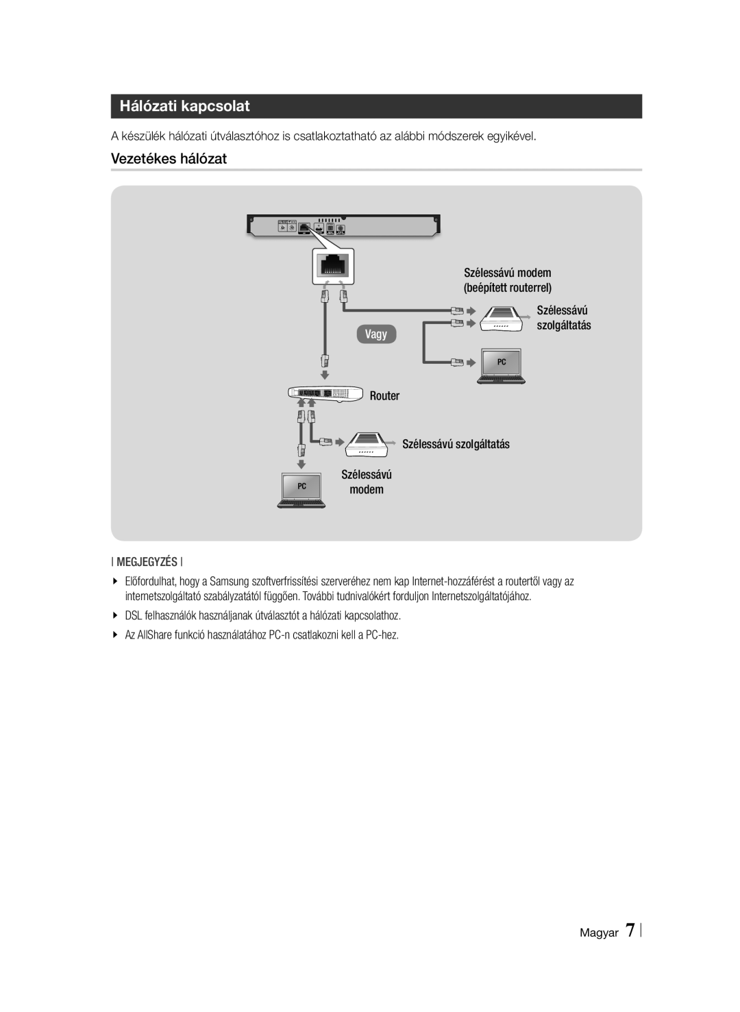 Samsung BD-F6900/EN manual Hálózati kapcsolat, Vezetékes hálózat, Router Szélessávú szolgáltatás Modem 