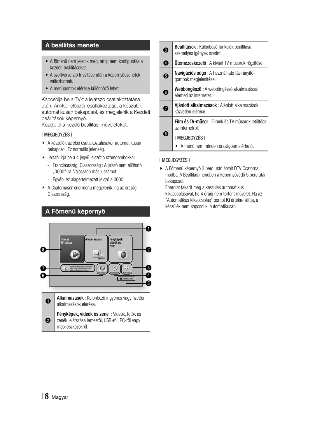 Samsung BD-F6900/EN manual Beállítás menete, Főmenü képernyő 