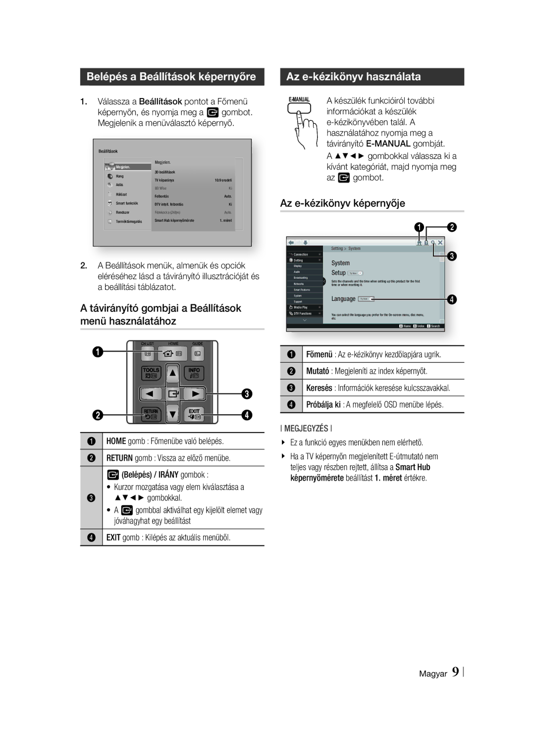 Samsung BD-F6900/EN manual Belépés a Beállítások képernyőre, Távirányító gombjai a Beállítások menü használatához 