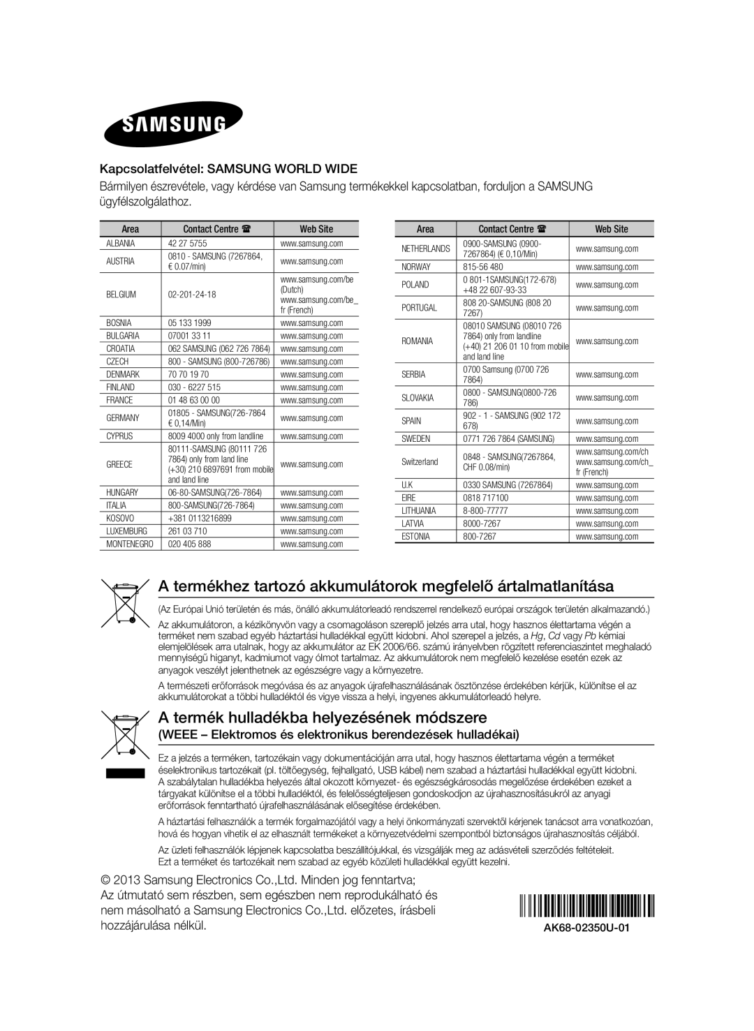 Samsung BD-F6900/EN manual Termékhez tartozó akkumulátorok megfelelő ártalmatlanítása 