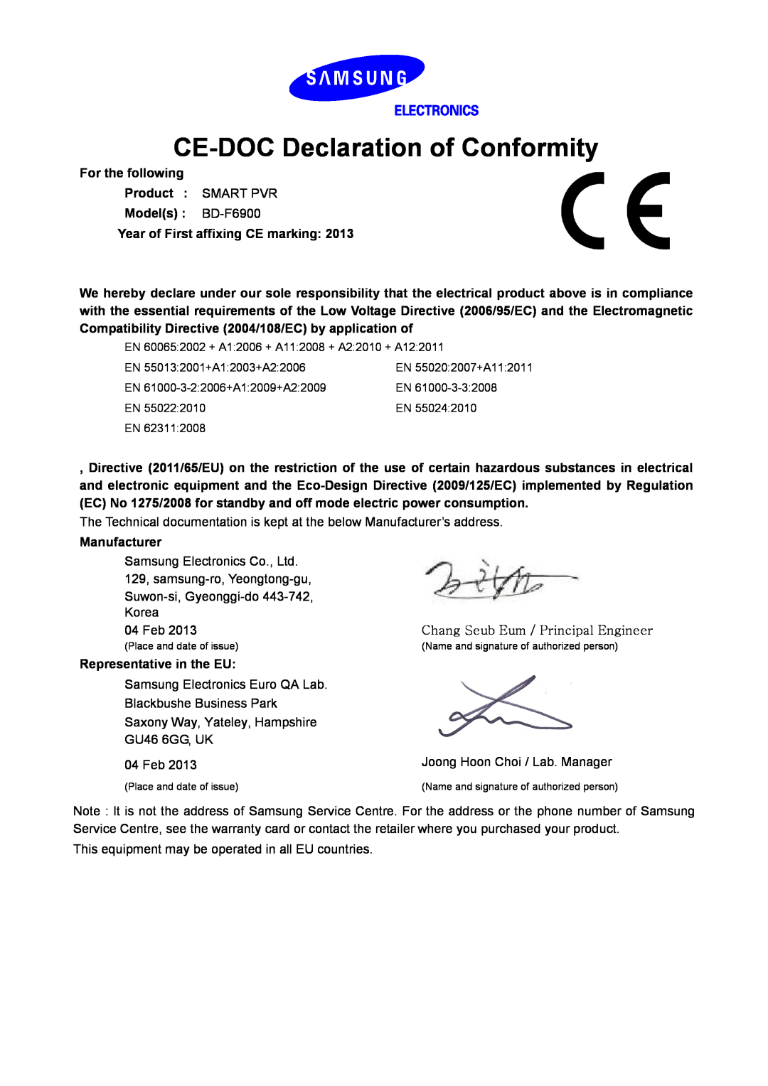 Samsung BD-F6900/EN manual CE-DOC Declaration of Conformity 