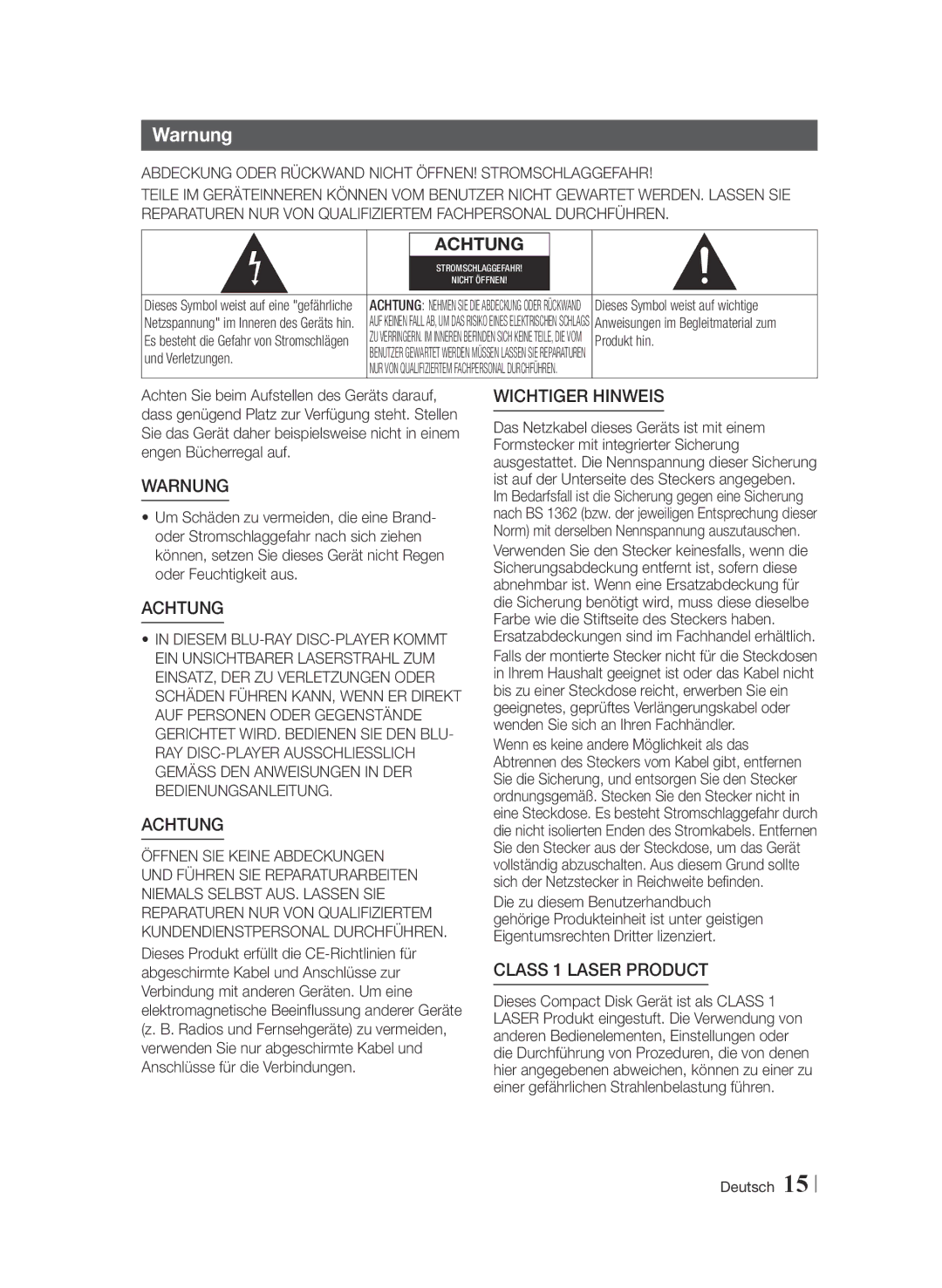 Samsung BD-F6909S/ZG manual Warnung 