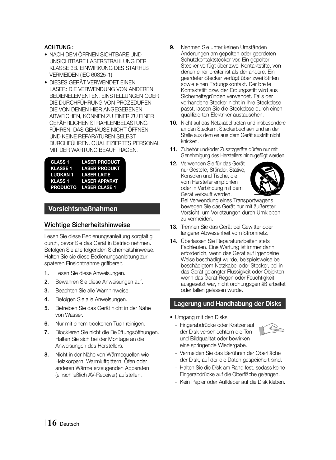 Samsung BD-F6909S/ZG manual Vorsichtsmaßnahmen, Wichtige Sicherheitshinweise, Lagerung und Handhabung der Disks 