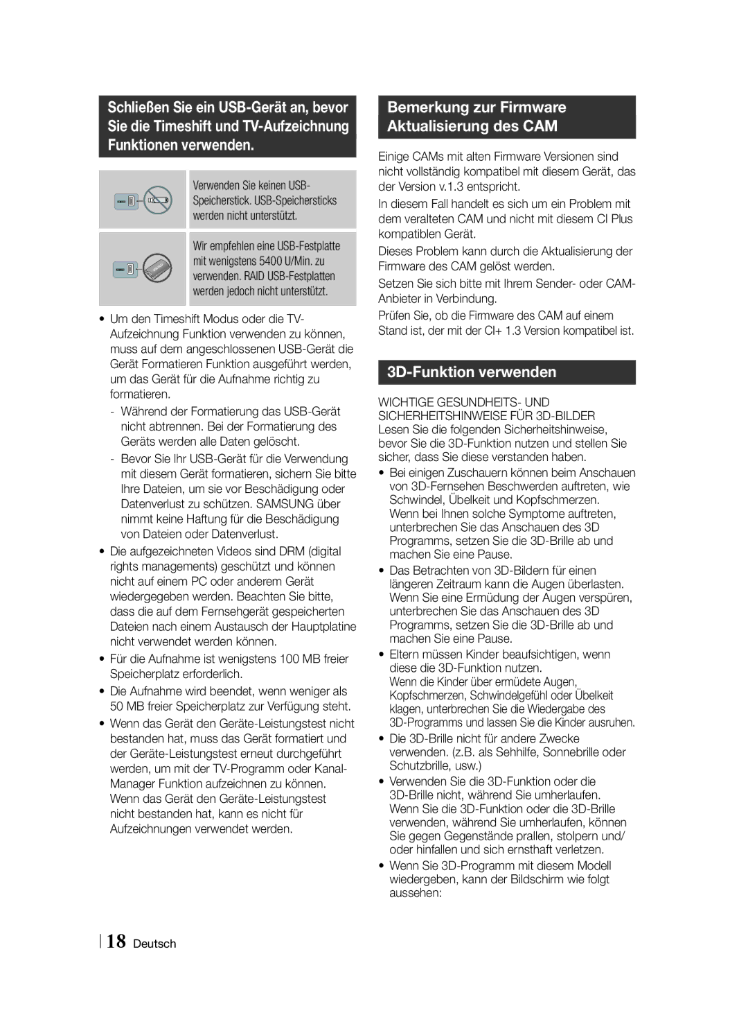 Samsung BD-F6909S/ZG manual Bemerkung zur Firmware Aktualisierung des CAM, 3D-Funktion verwenden 