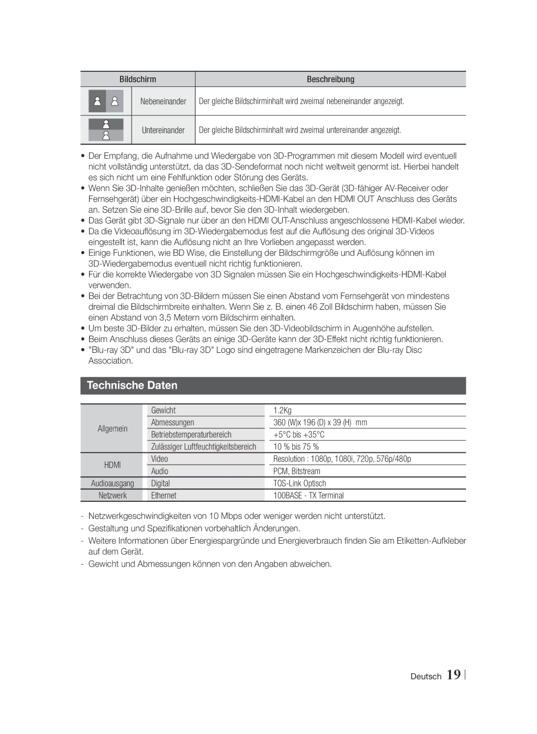 Samsung BD-F6909S/ZG manual Technische Daten, Bildschirm Beschreibung, Gewicht 2Kg, 10 % bis 75 %, Digital TOS-Link Optisch 