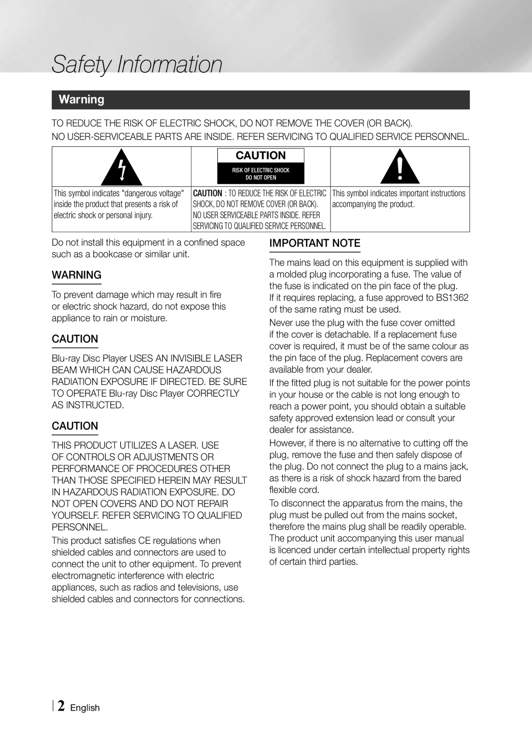 Samsung BD-F7500/EN, BD-F7500/XE manual Safety Information 