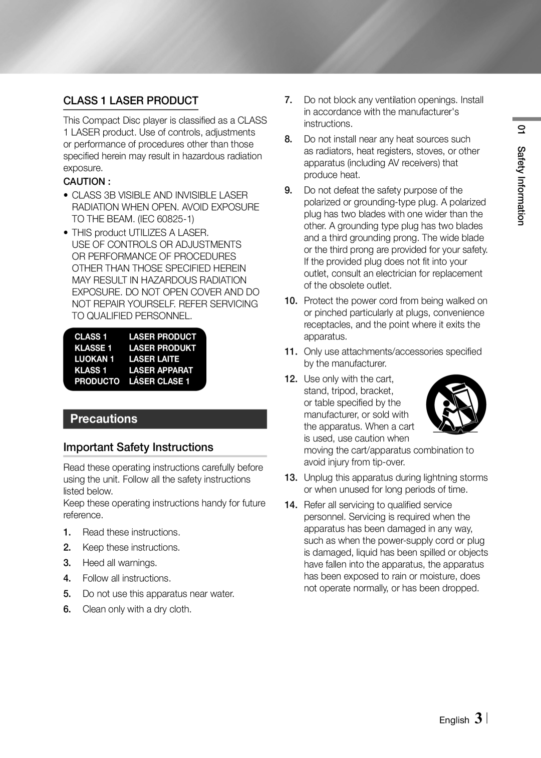 Samsung BD-F7500/XE Precautions, Important Safety Instructions, This product Utilizes a Laser, Safety Information English 