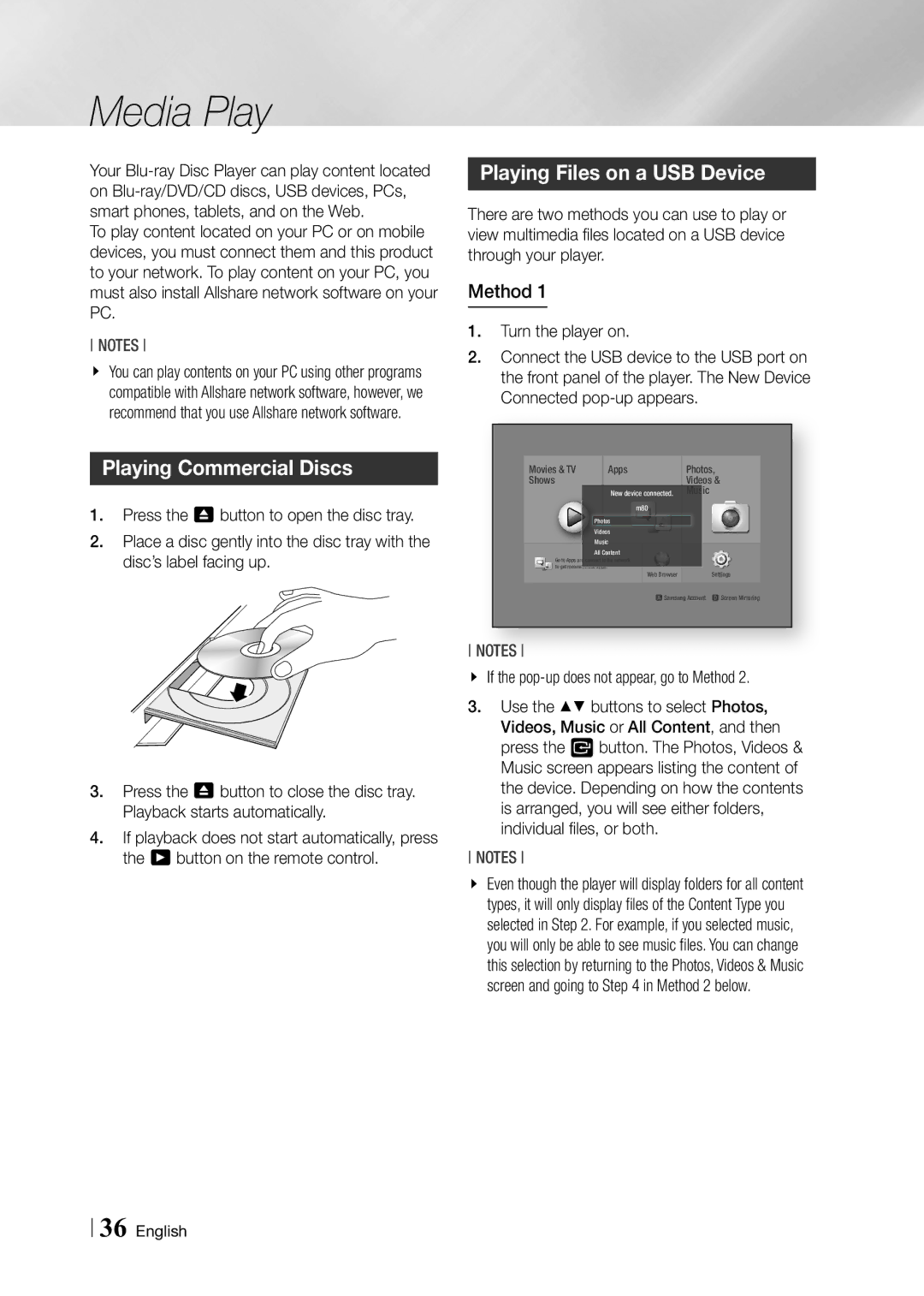 Samsung BD-F7500/EN, BD-F7500/XE manual Media Play, Playing Commercial Discs, Playing Files on a USB Device, Method 