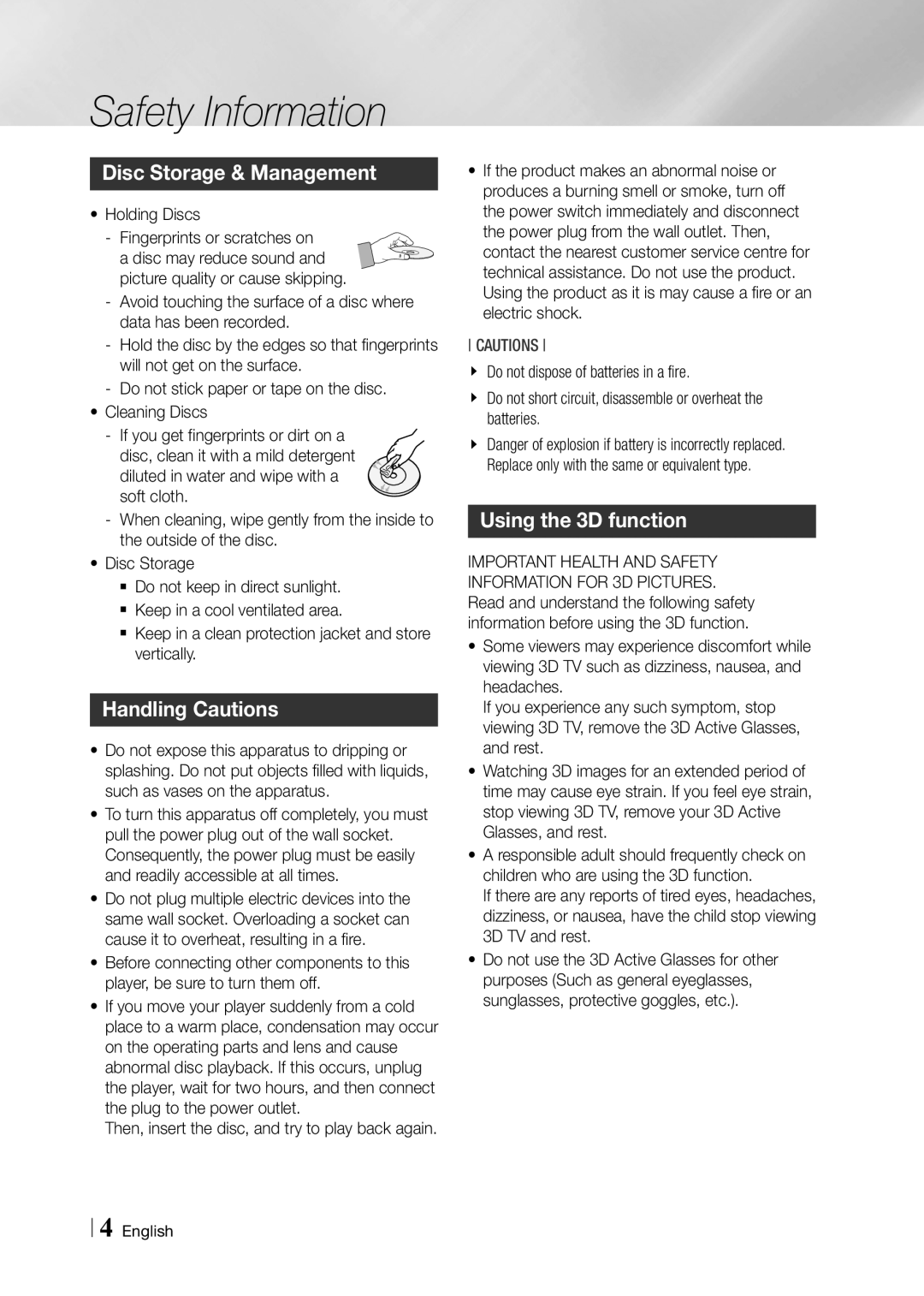 Samsung BD-F7500/EN, BD-F7500/XE manual Disc Storage & Management, Handling Cautions, Using the 3D function 