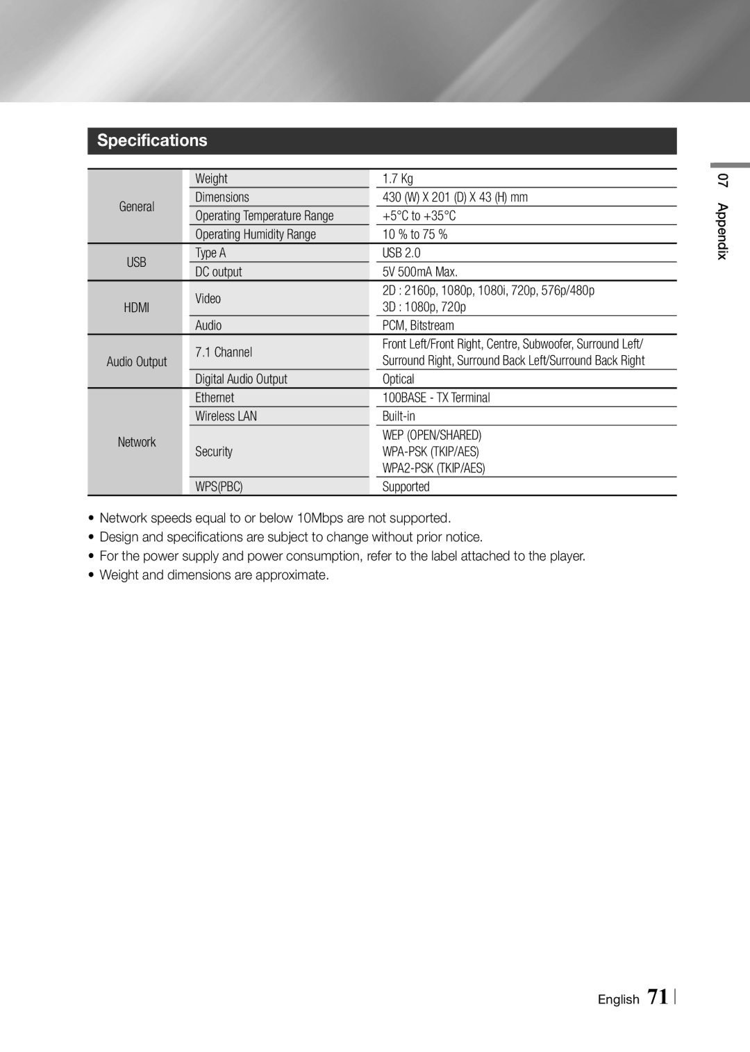 Samsung BD-F7500/XE, BD-F7500/EN manual Specifications, Wep Open/Shared, Wpa-Psk Tkip/Aes, WPA2-PSK TKIP/AES, Wpspbc 