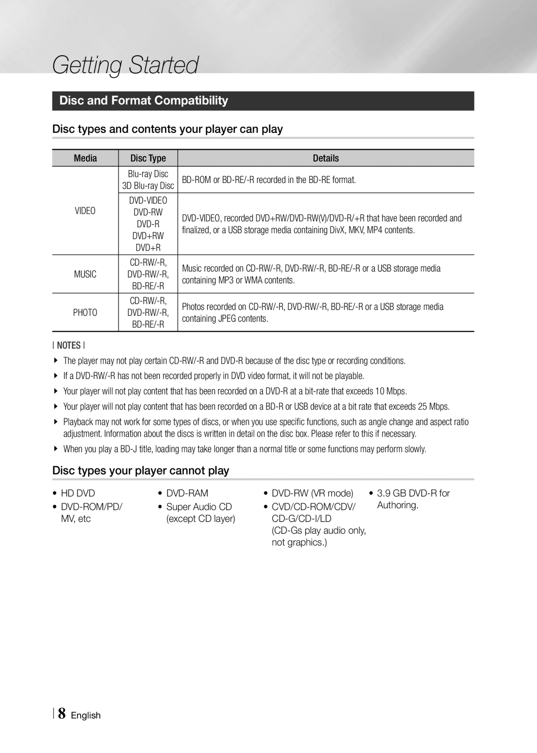 Samsung BD-F7500/EN manual Getting Started, Disc and Format Compatibility, Disc types and contents your player can play 