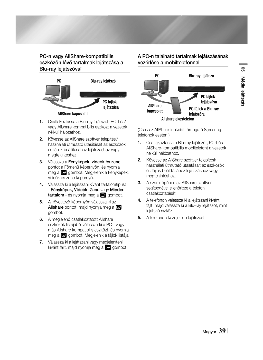 Samsung BD-F7500/EN, BD-F7500/XE manual AllShare kapcsolat, Lejátszóra, 05 Média, Lejátszás 