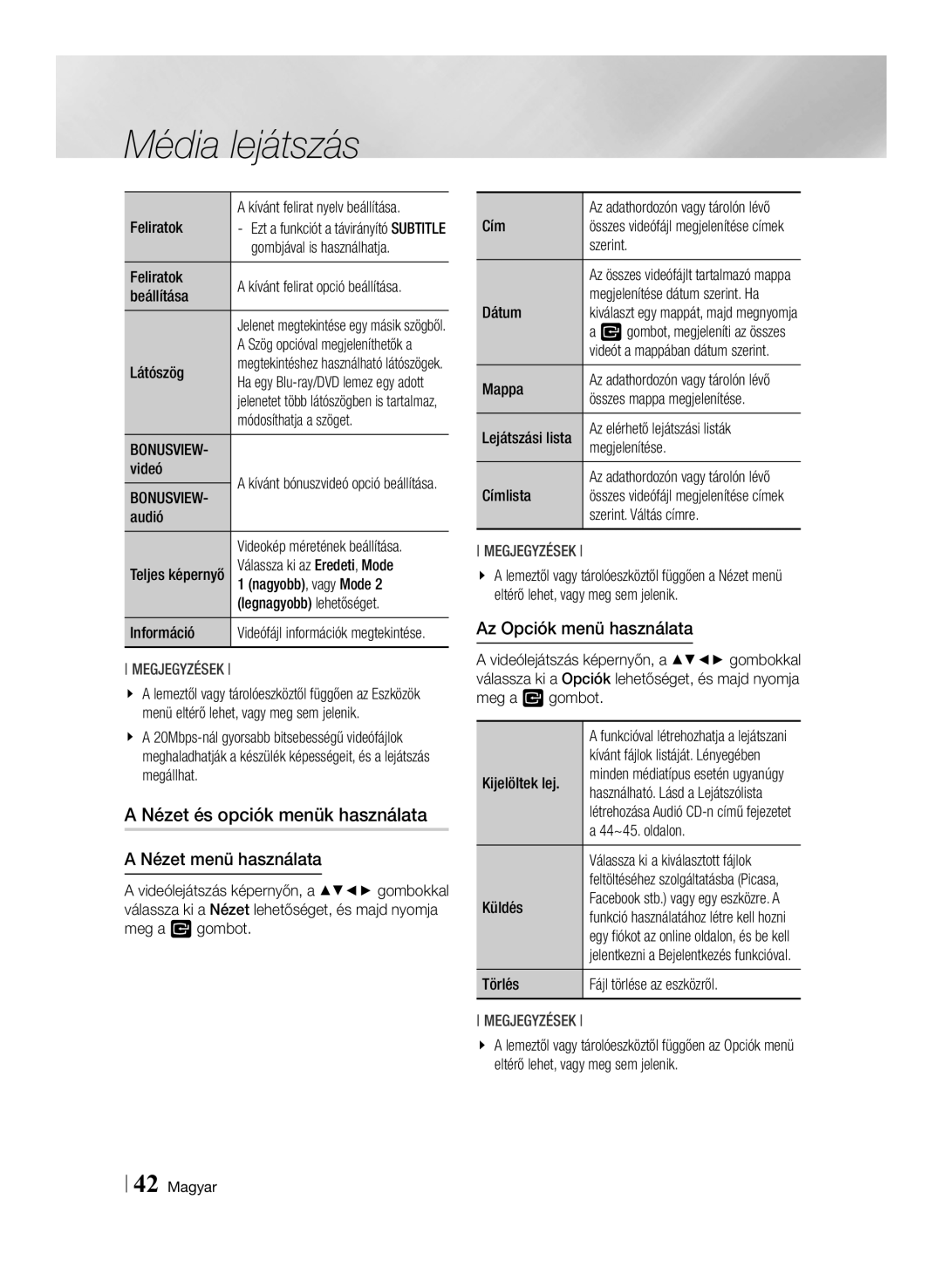 Samsung BD-F7500/XE, BD-F7500/EN manual Nézet és opciók menük használata, Nézet menü használata, Az Opciók menü használata 