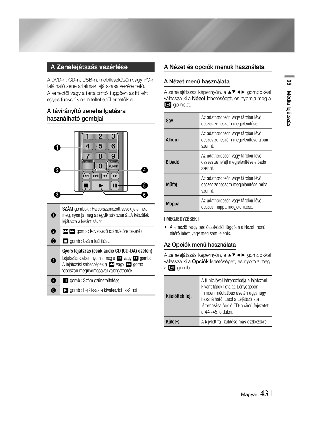 Samsung BD-F7500/EN, BD-F7500/XE manual Zenelejátszás vezérlése, Távirányító zenehallgatásra használható gombjai 