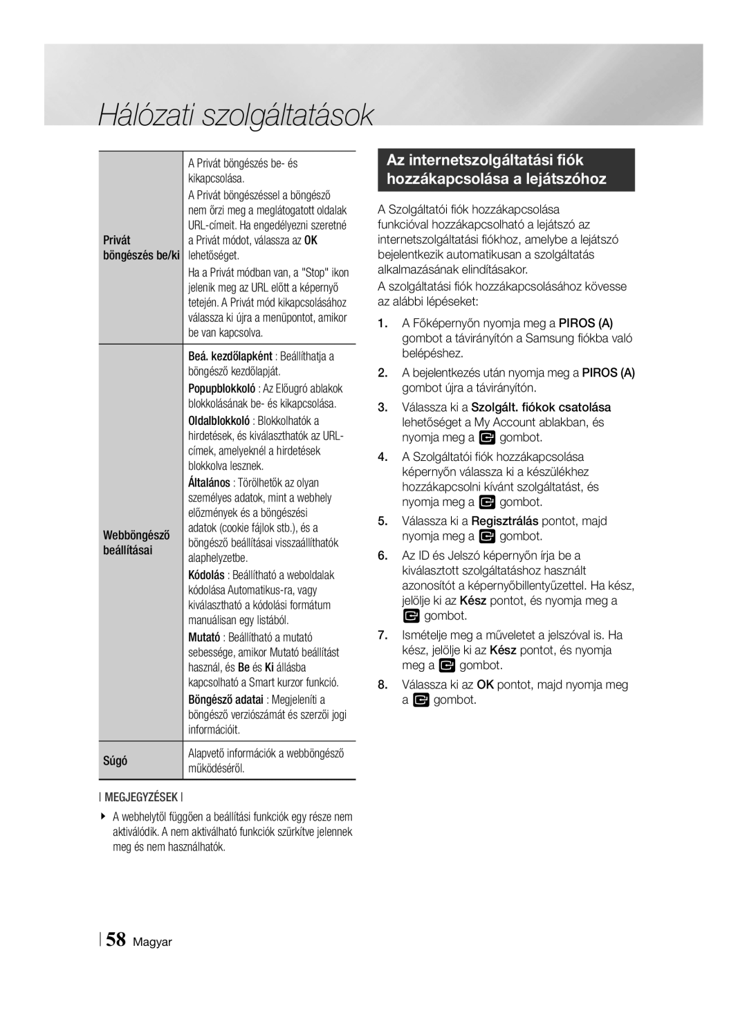 Samsung BD-F7500/XE manual Privát böngészés be- és, Kikapcsolása, Lehetőséget, Be van kapcsolva, Böngésző kezdőlapját, Súgó 