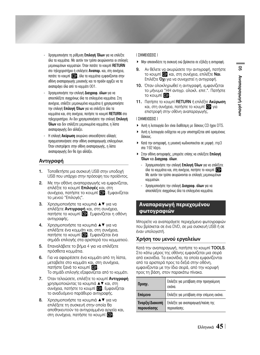 Samsung BD-F7500/XE, BD-F7500/EN manual Αντιγραφή, Δίσκους, Προηγ, Επόμενο, Παρουσίασης 