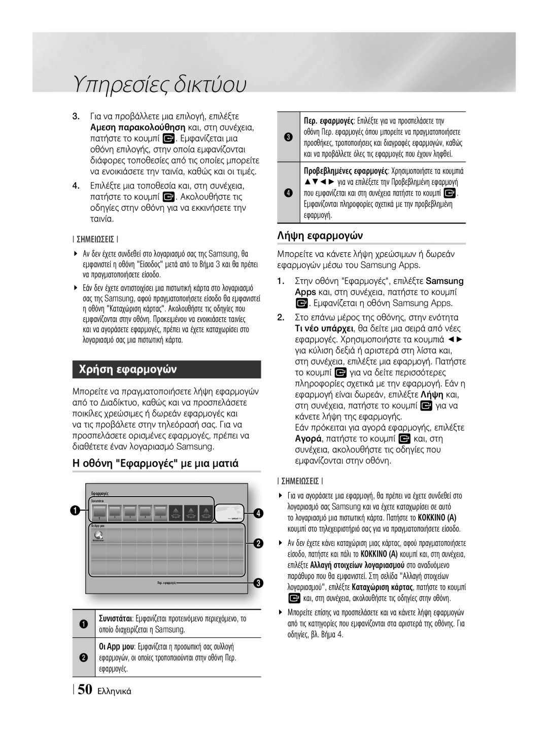 Samsung BD-F7500/EN manual Λήψη εφαρμογών, Χρήση εφαρμογών, Οθόνη Εφαρμογές με μια ματιά, Οποίο διαχειρίζεται η Samsung 