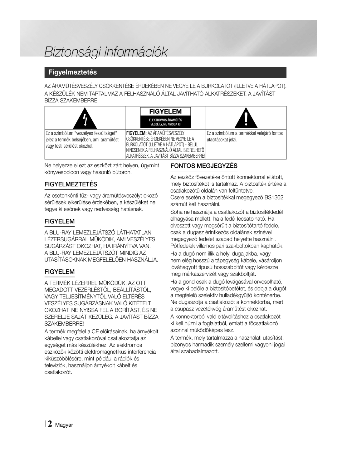 Samsung BD-F7500/XE, BD-F7500/EN manual Biztonsági információk, Figyelmeztetés 
