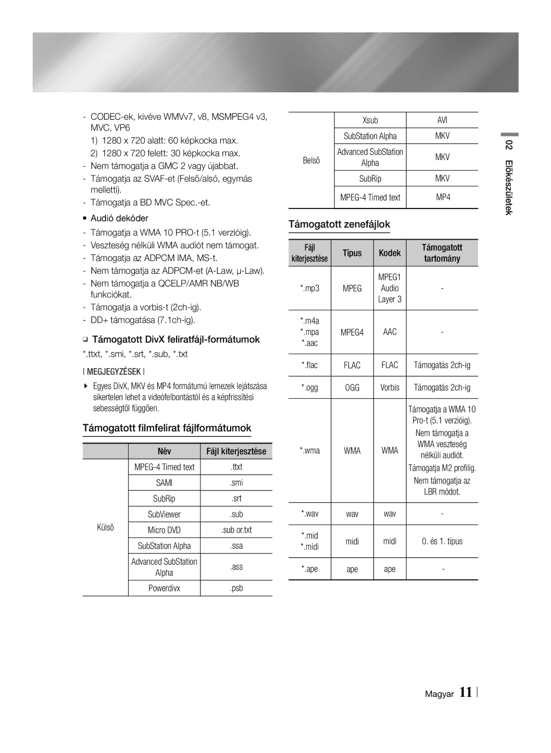 Samsung BD-F7500/EN, BD-F7500/XE Támogatott filmfelirat fájlformátumok, Támogatott zenefájlok, Funkciókat, Külső, Belső 