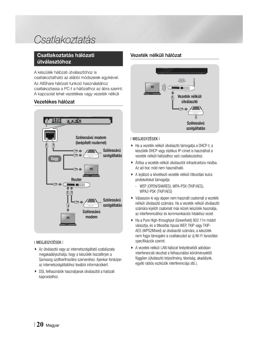 Samsung BD-F7500/XE, BD-F7500/EN manual Csatlakoztatás hálózati útválasztóhoz, Vezetékes hálózat, Vezeték nélküli hálózat 