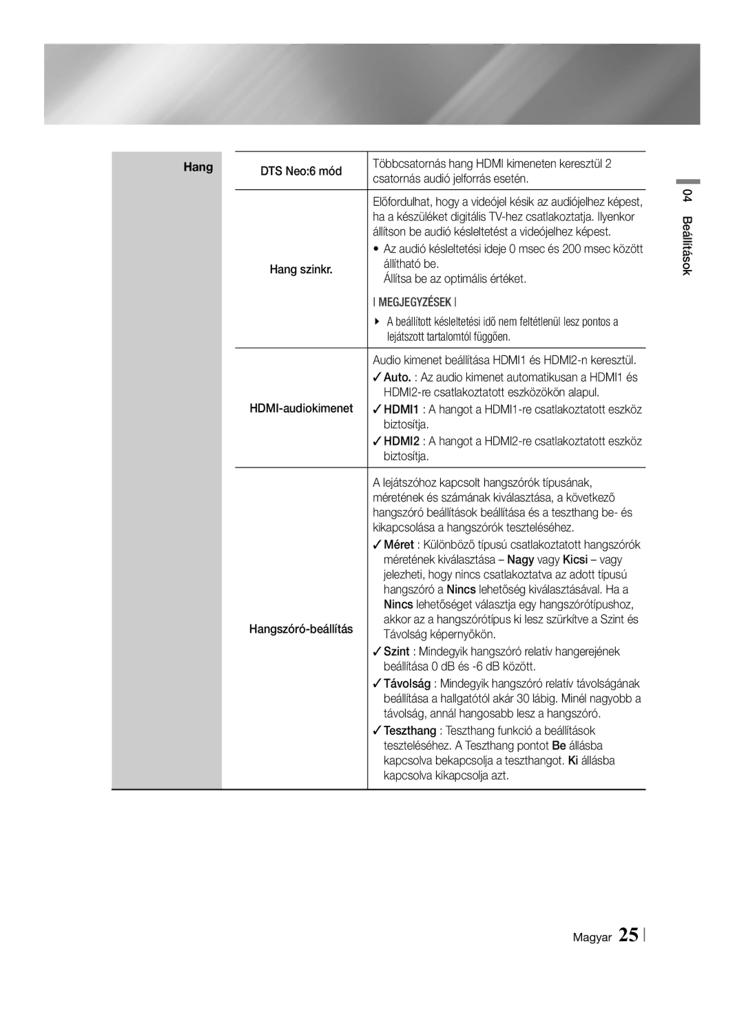 Samsung BD-F7500/EN manual Csatornás audió jelforrás esetén, Állítható be, Állítsa be az optimális értéket, Biztosítja 