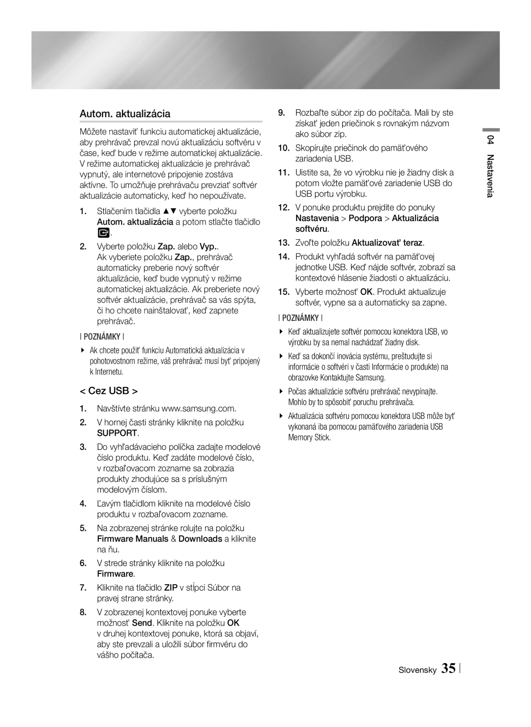 Samsung BD-F7500/EN manual Cez USB, Hornej časti stránky kliknite na položku, Support 