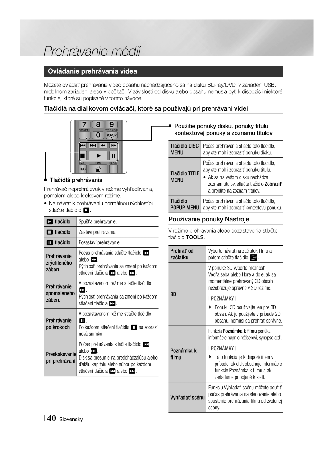 Samsung BD-F7500/EN manual Ovládanie prehrávania videa, Používanie ponuky Nástroje, Menu 