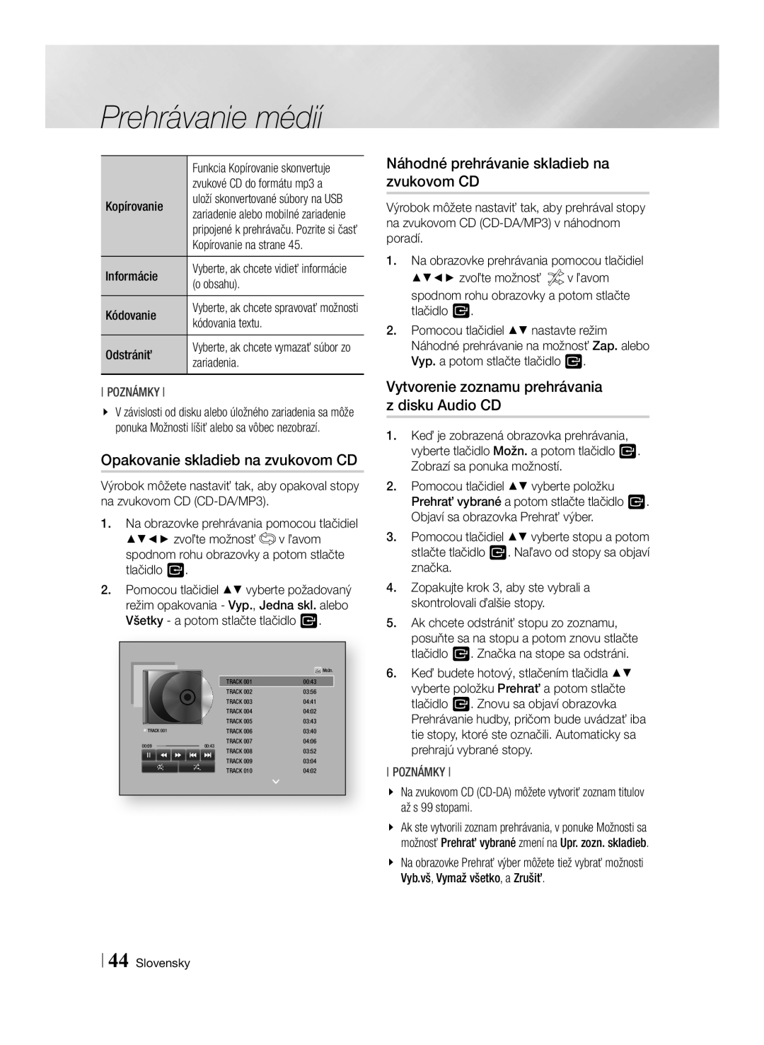 Samsung BD-F7500/EN manual Opakovanie skladieb na zvukovom CD, Náhodné prehrávanie skladieb na zvukovom CD 