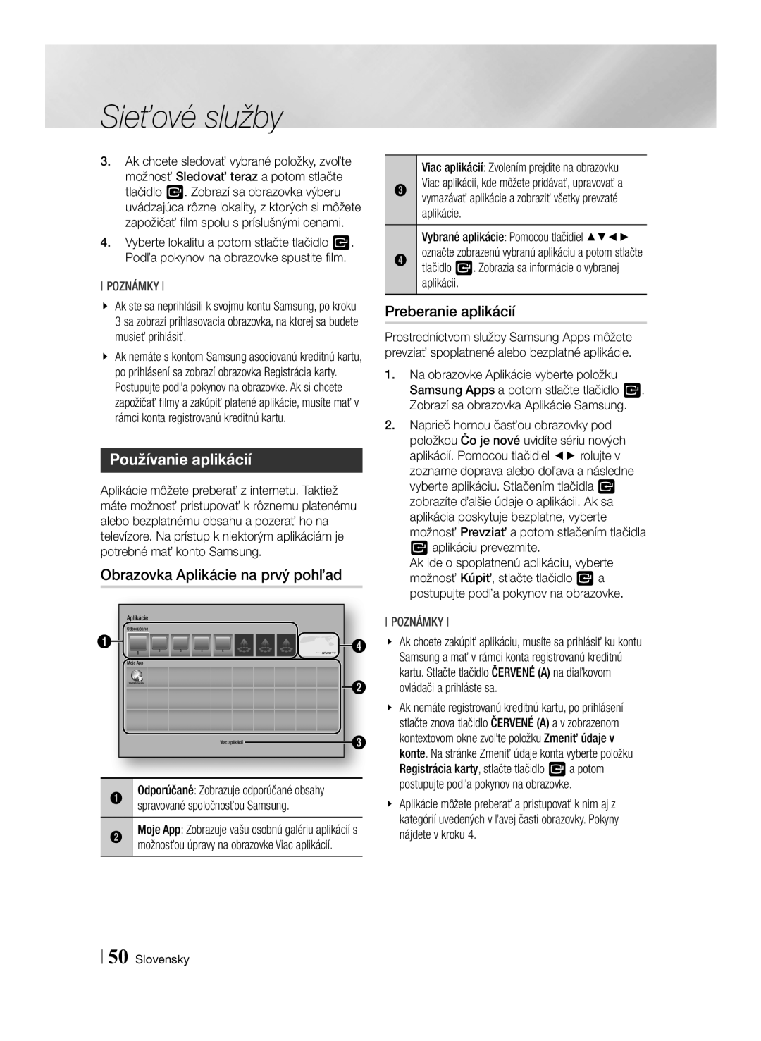 Samsung BD-F7500/EN manual Používanie aplikácií, Preberanie aplikácií, Obrazovka Aplikácie na prvý pohľad 