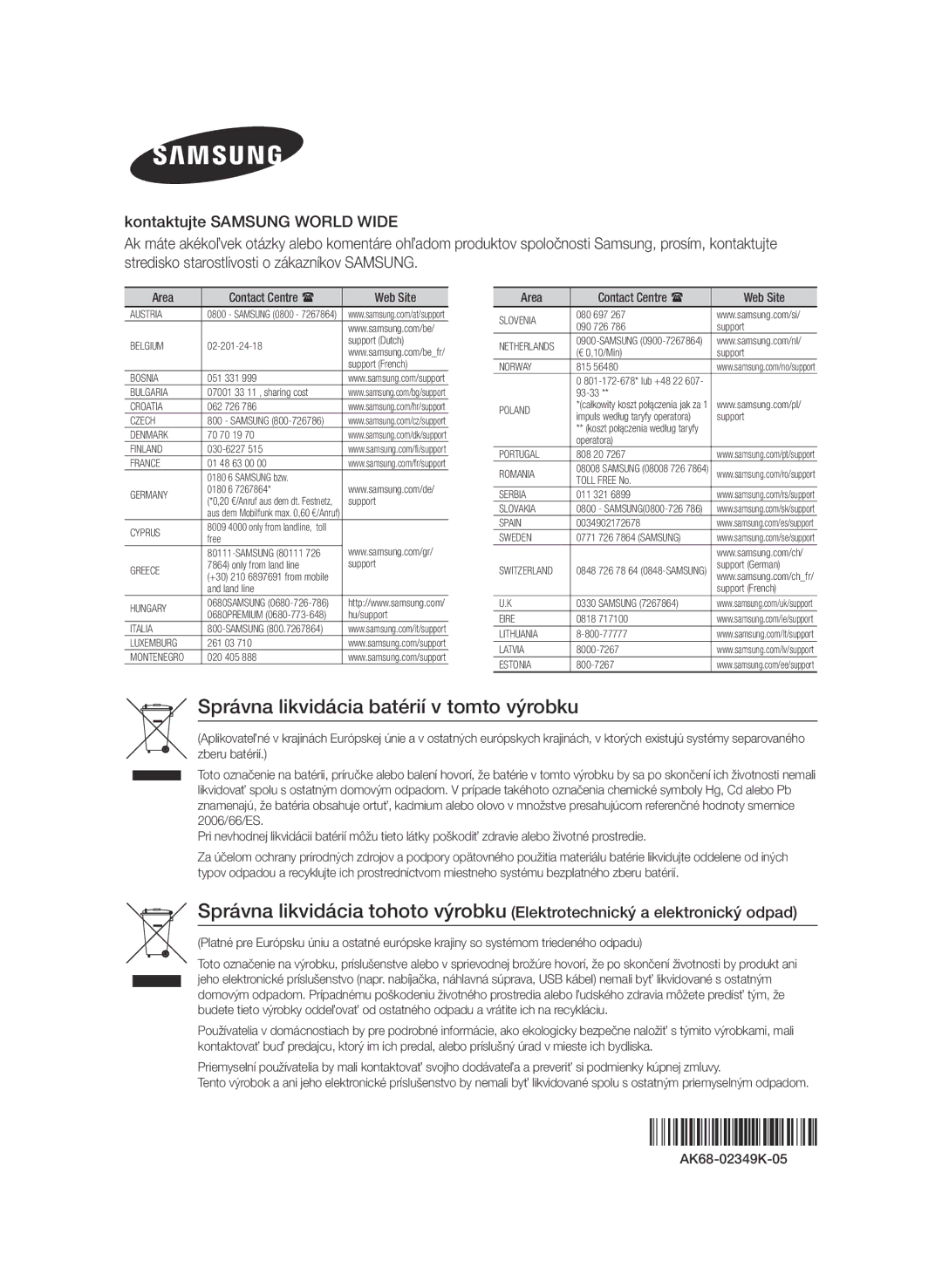 Samsung BD-F7500/EN manual Správna likvidácia batérií v tomto výrobku, Area Contact Centre  Web Site 