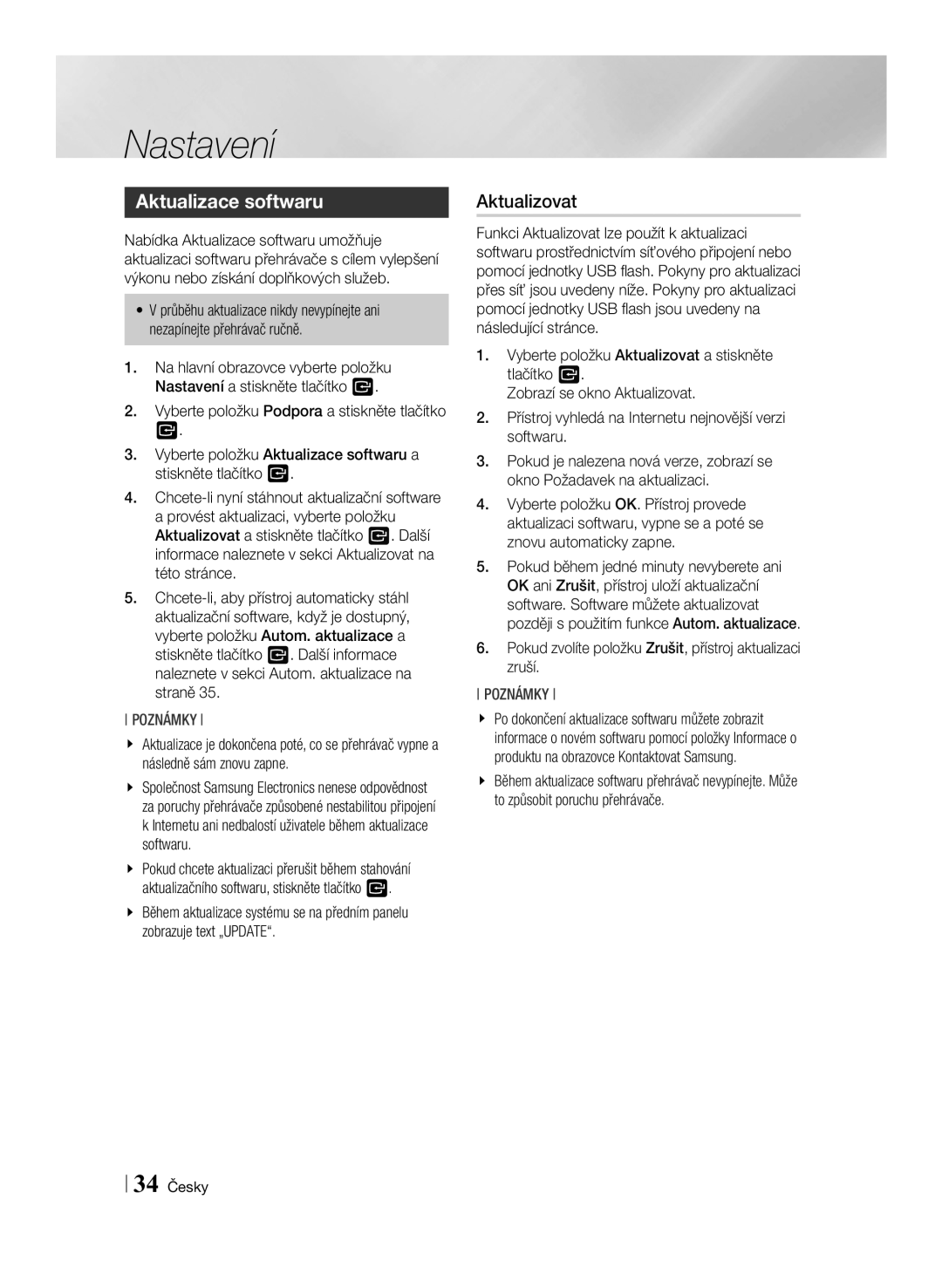 Samsung BD-F7500/EN manual Aktualizace softwaru, 34 Česky 