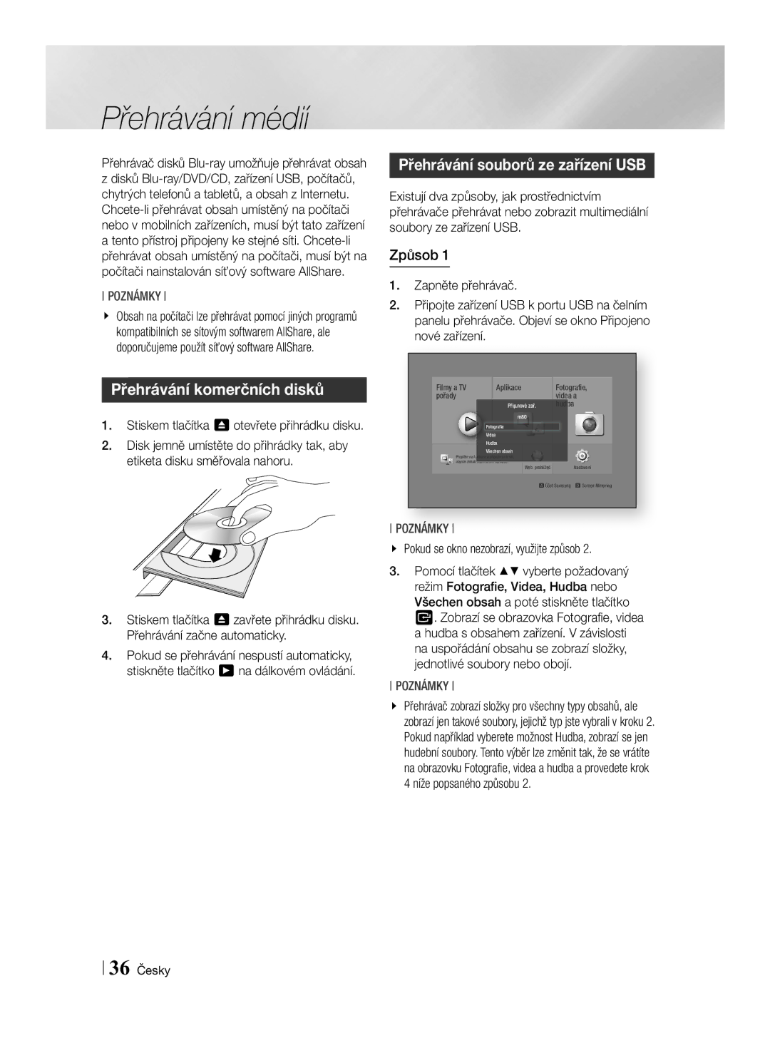 Samsung BD-F7500/EN manual Přehrávání médií, Přehrávání komerčních disků, Přehrávání souborů ze zařízení USB, Způsob 