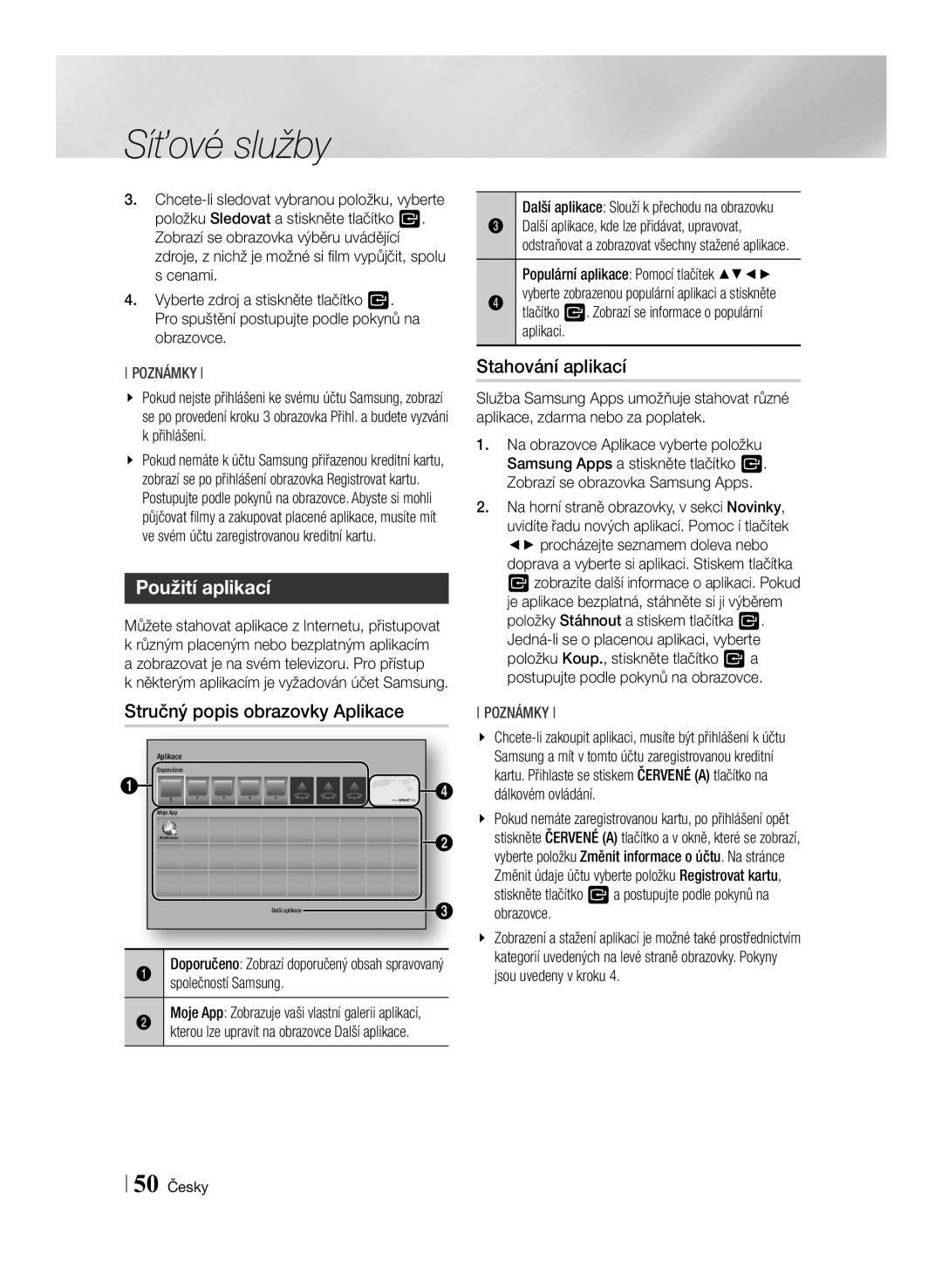 Samsung BD-F7500/EN manual Stahování aplikací, Použití aplikací, Stručný popis obrazovky Aplikace 